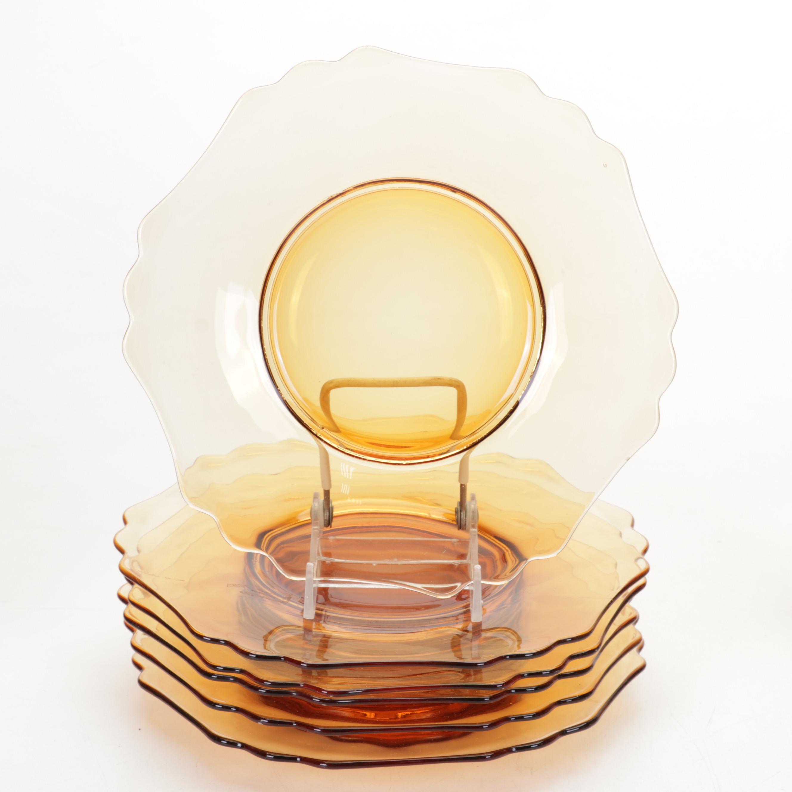 Cambridge Glass Amber Decagon Luncheon Plates, Wood & Pewter Tidbit Tray, & More