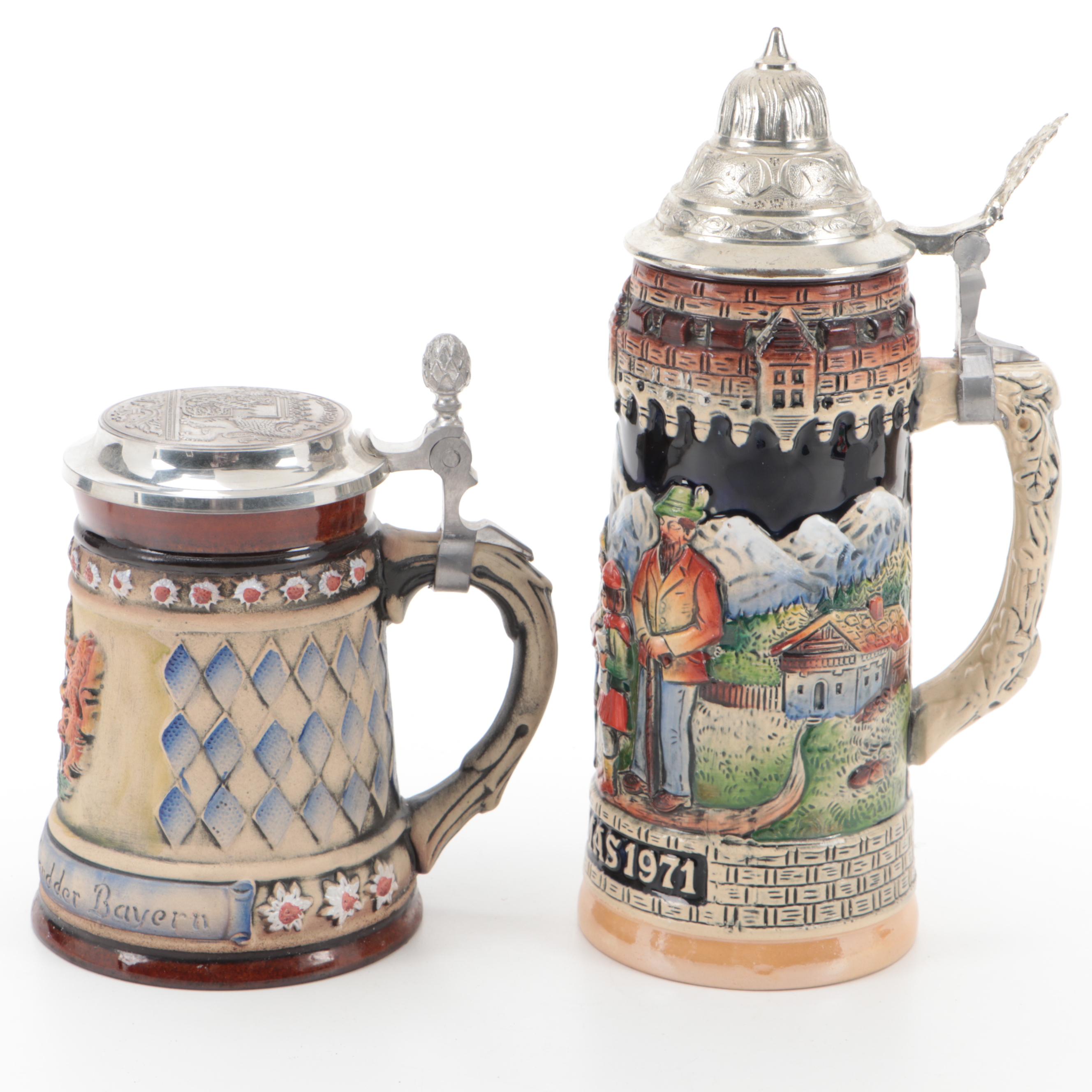 German Hand-Painted Glazed Stoneware Steins with Lenox Nativity Vignette Plate