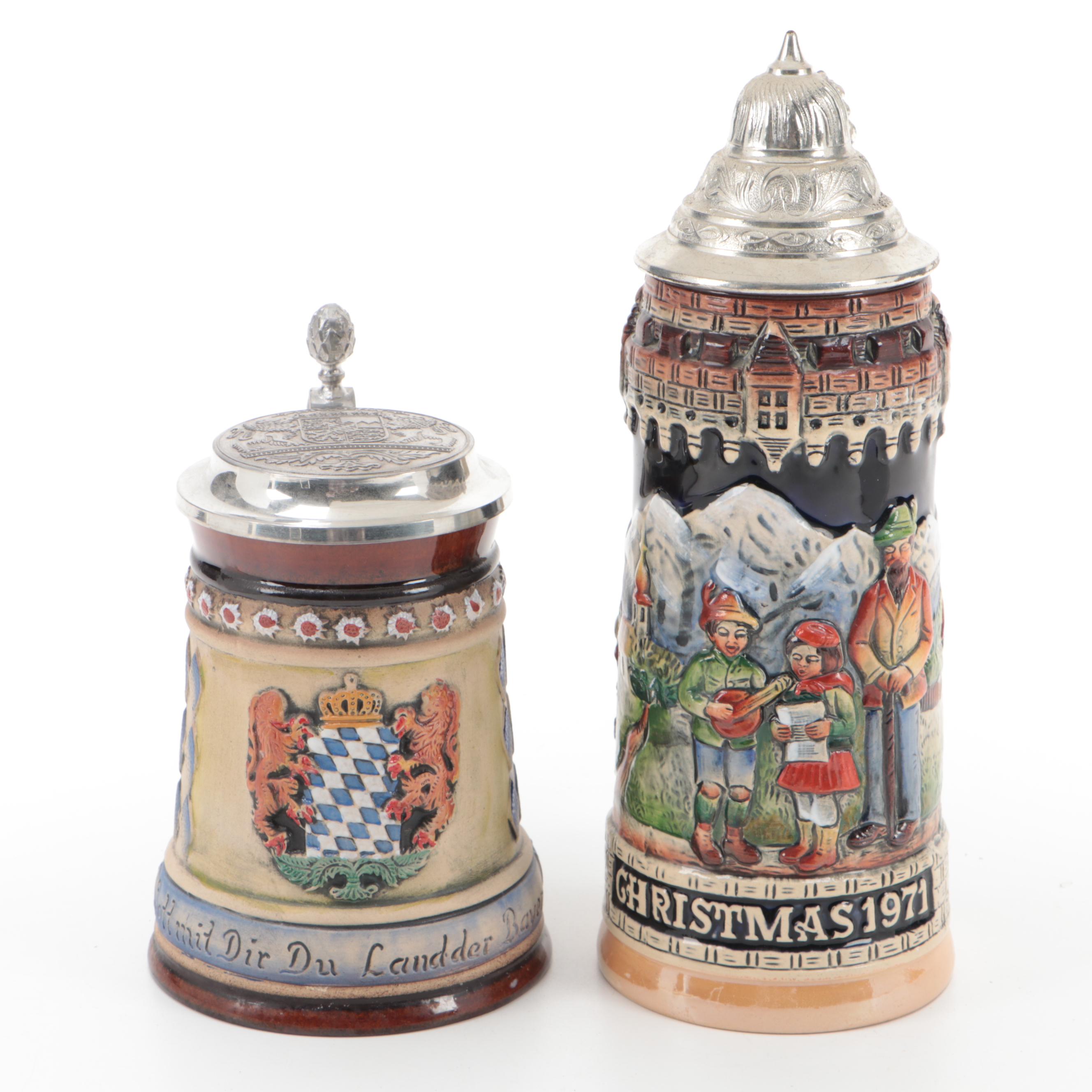 German Hand-Painted Glazed Stoneware Steins with Lenox Nativity Vignette Plate
