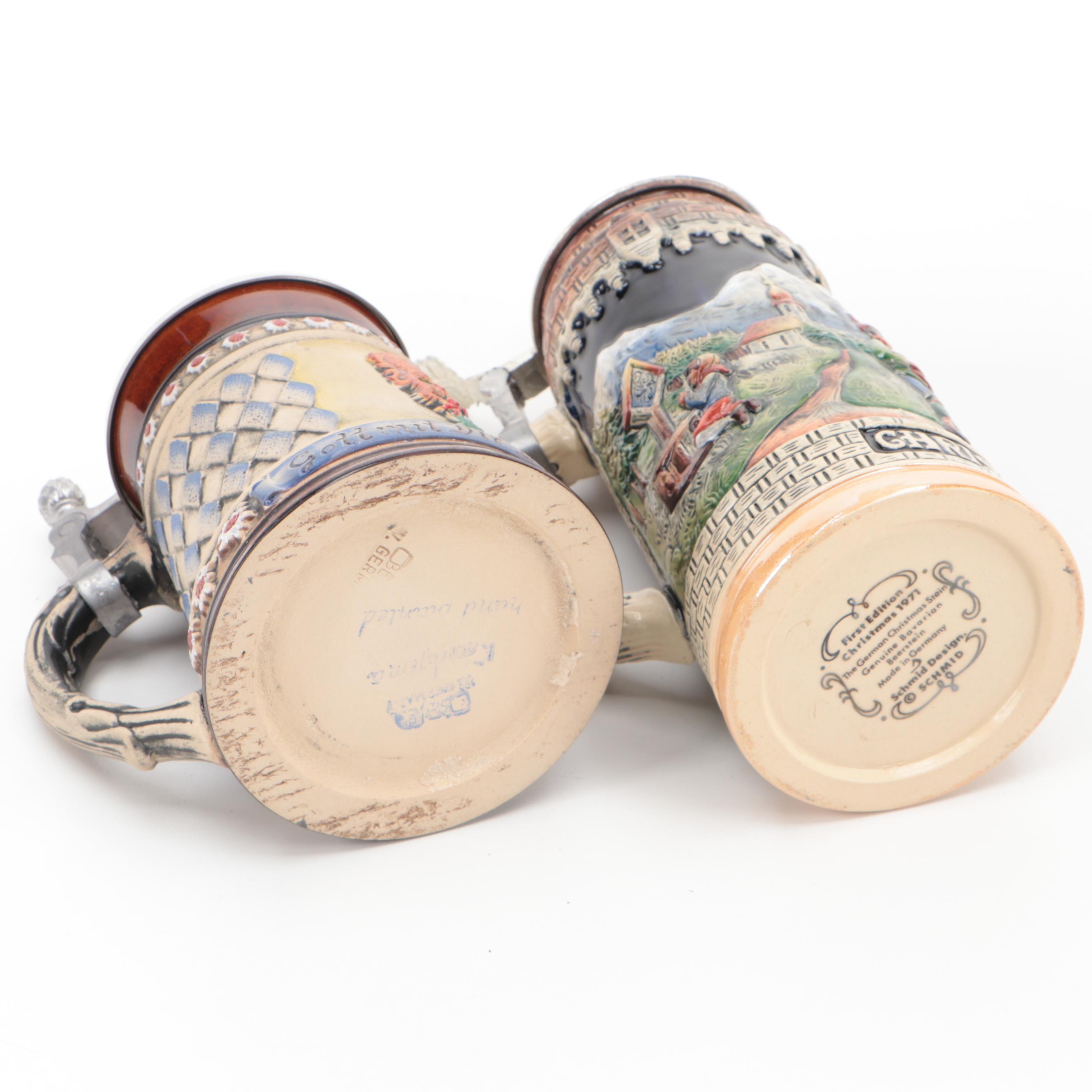 German Hand-Painted Glazed Stoneware Steins with Lenox Nativity Vignette Plate