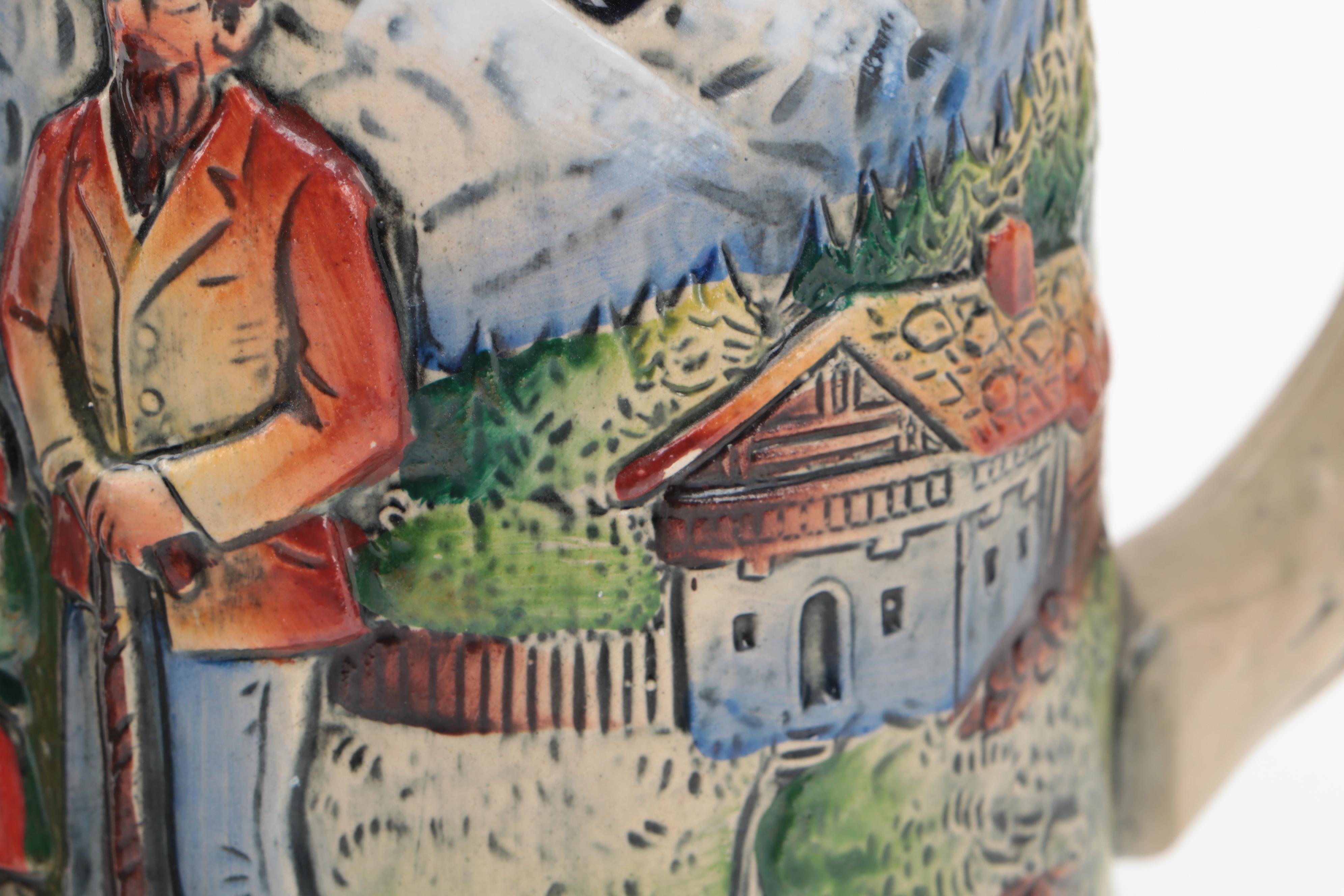 German Hand-Painted Glazed Stoneware Steins with Lenox Nativity Vignette Plate