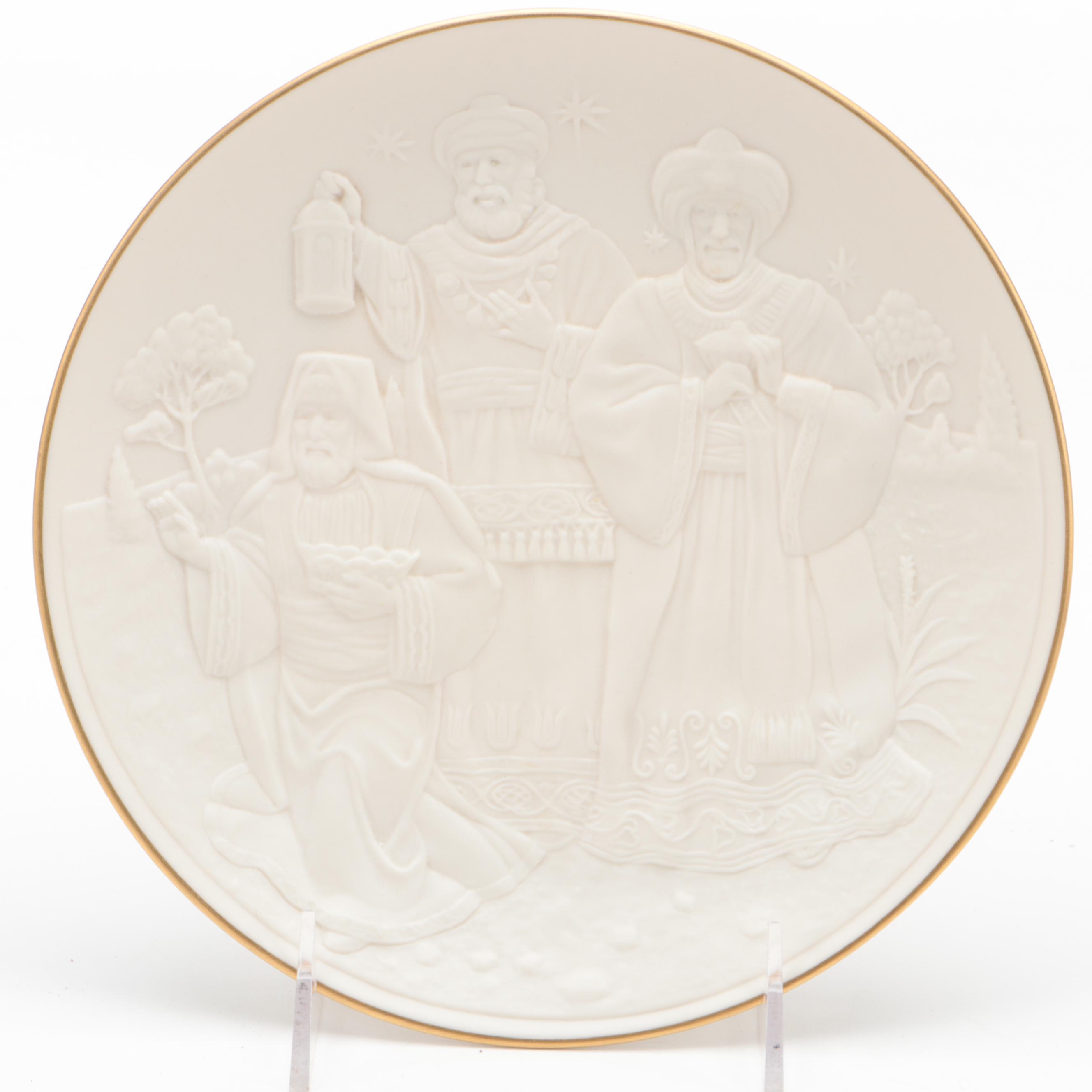 German Hand-Painted Glazed Stoneware Steins with Lenox Nativity Vignette Plate