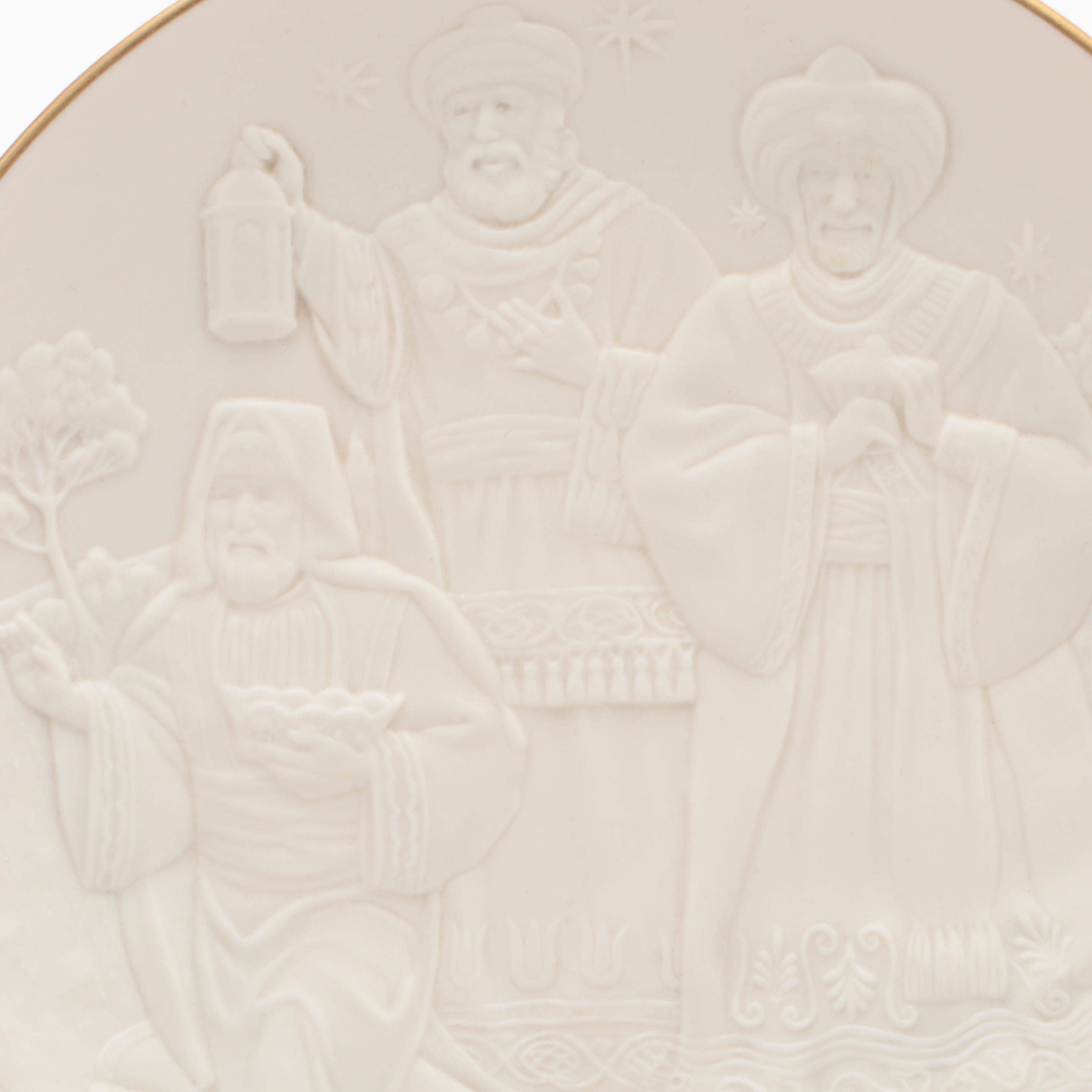 German Hand-Painted Glazed Stoneware Steins with Lenox Nativity Vignette Plate