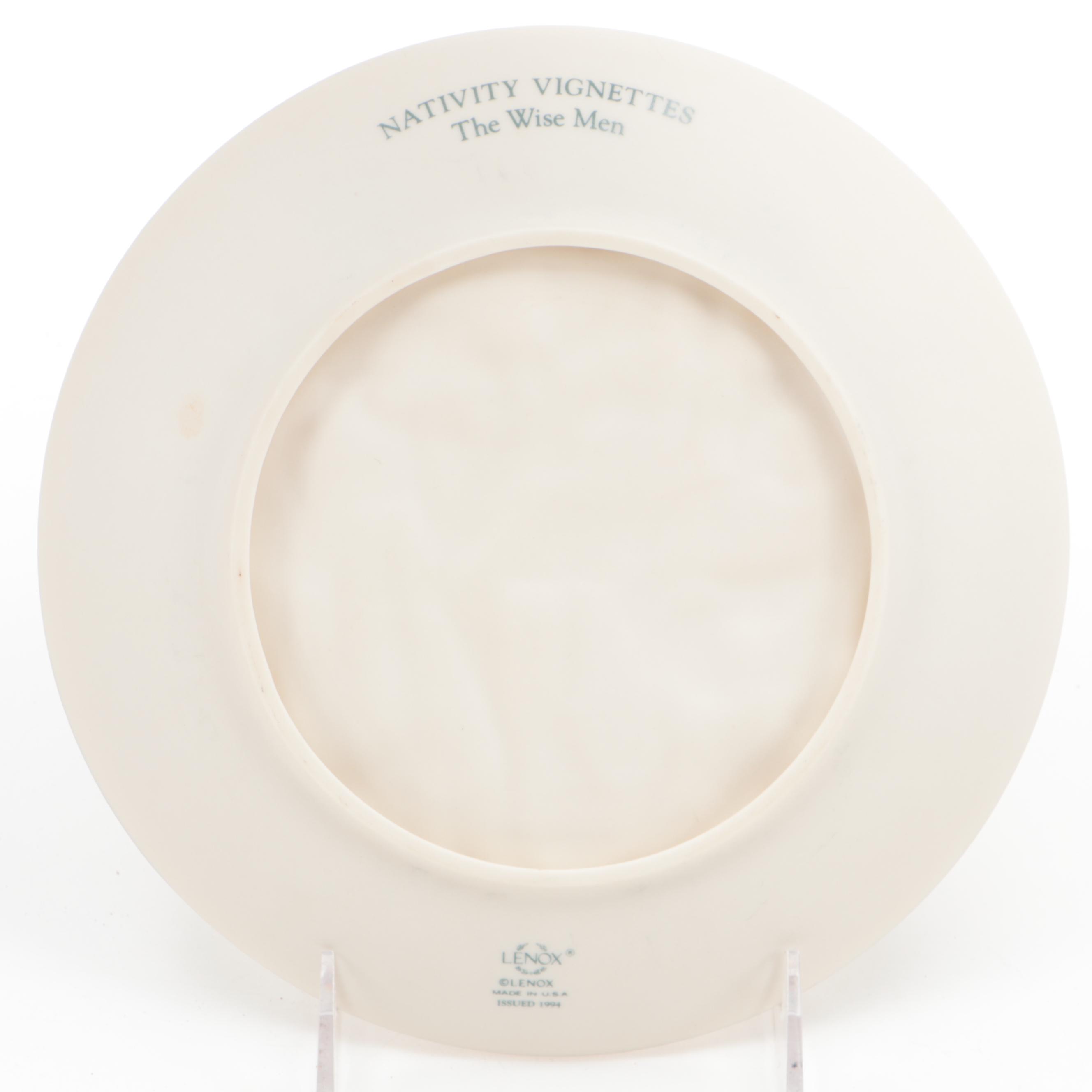 German Hand-Painted Glazed Stoneware Steins with Lenox Nativity Vignette Plate