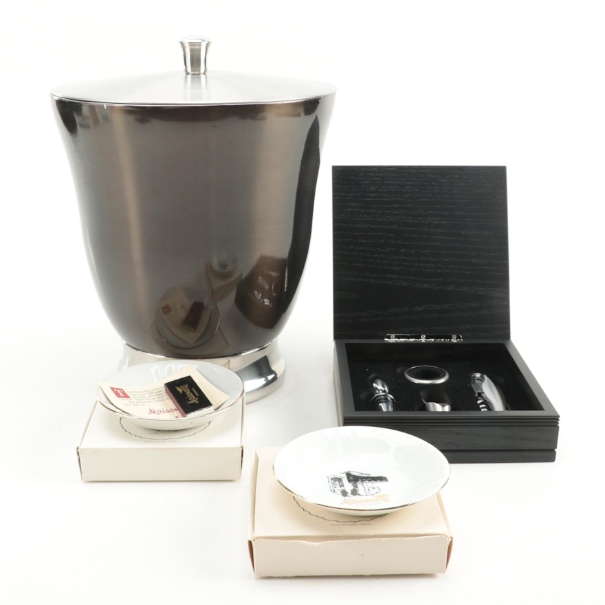 Aluminum Ice Bucket with Wine Tools and Maisonette Ashtrays