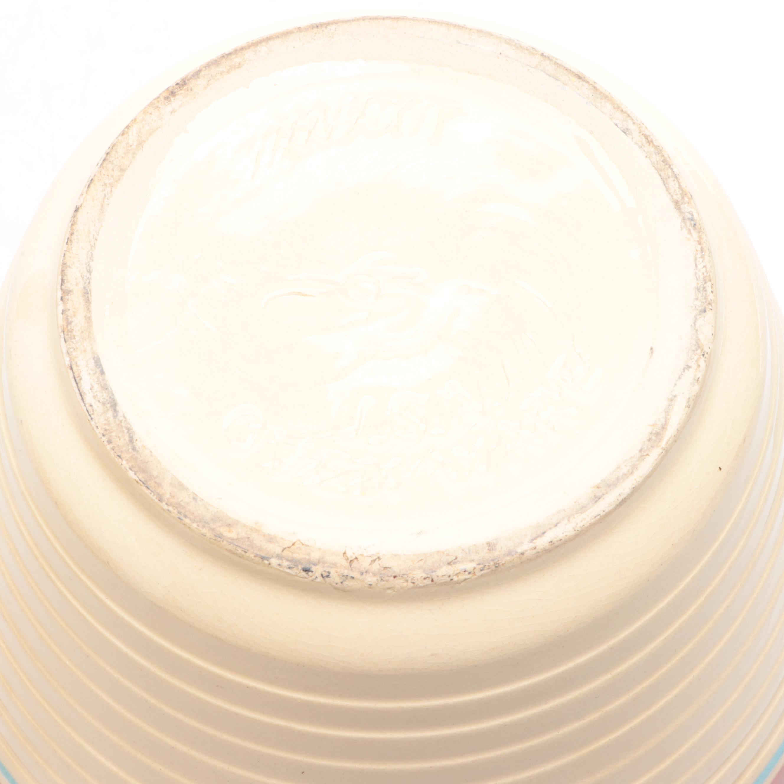 R. R. P. Co. Spongeware Mixing Bowl with Other American Ceramic Bowls