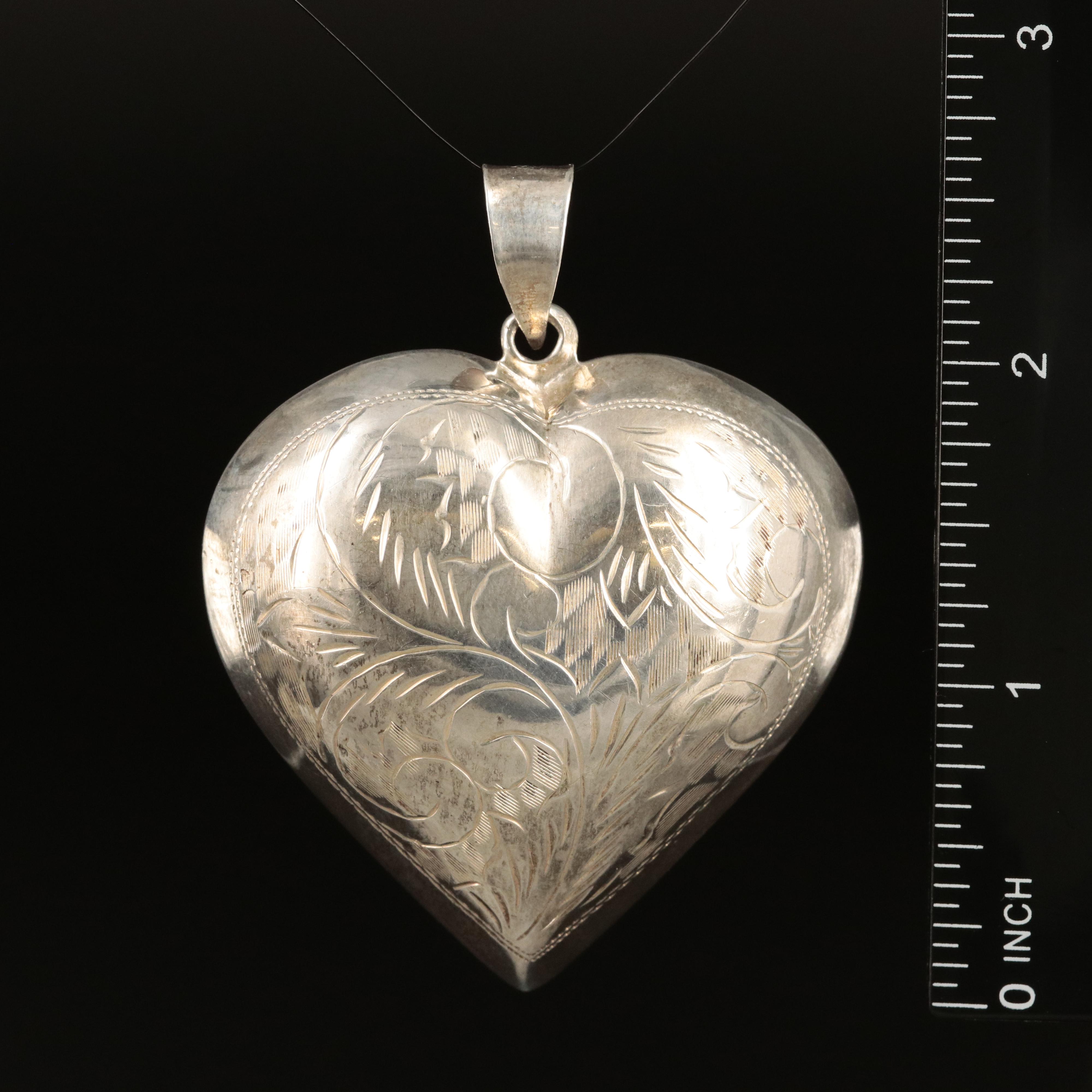 Sterling Large Engraved Puffed Heart Pendant with Foliate Pattern