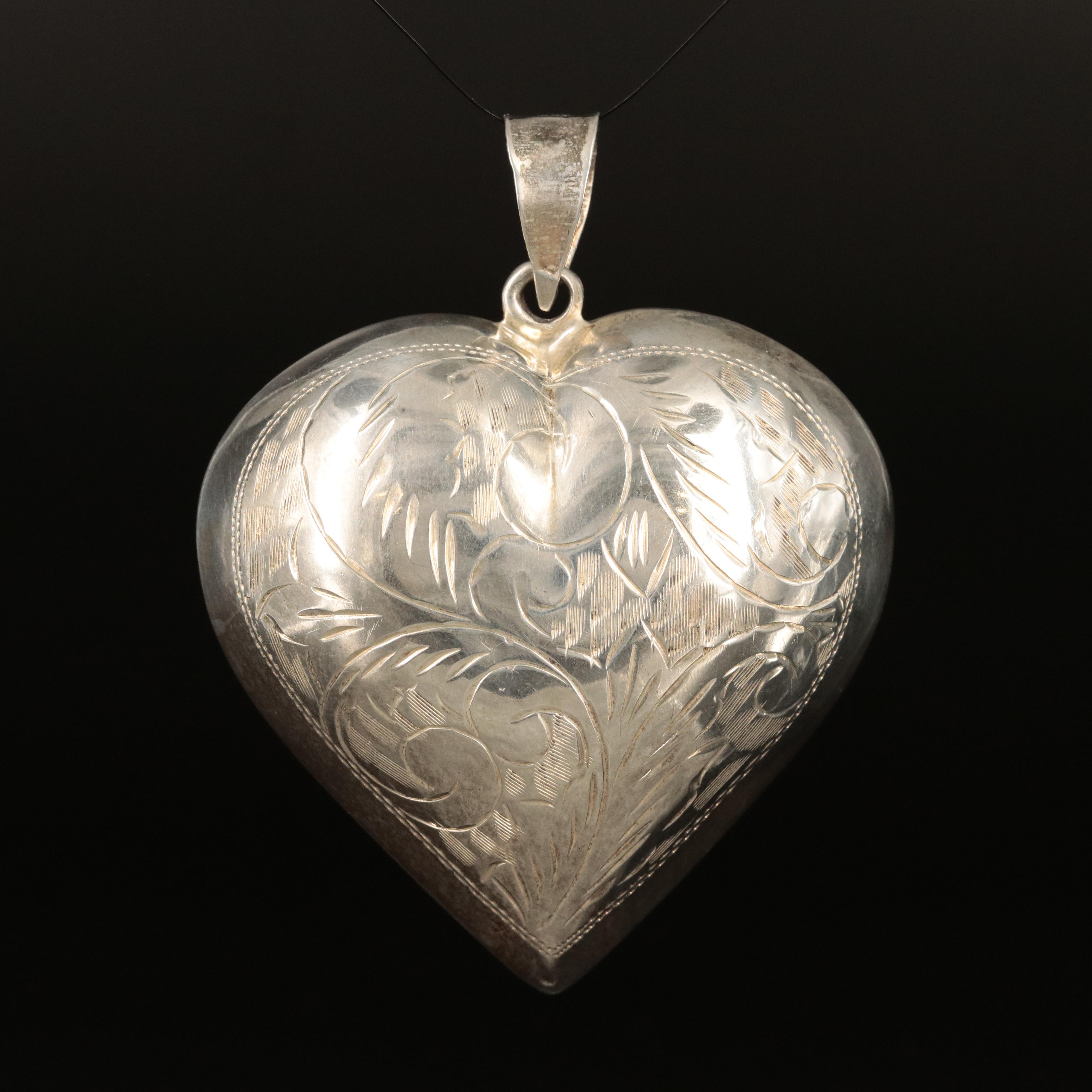 Sterling Large Engraved Puffed Heart Pendant with Foliate Pattern