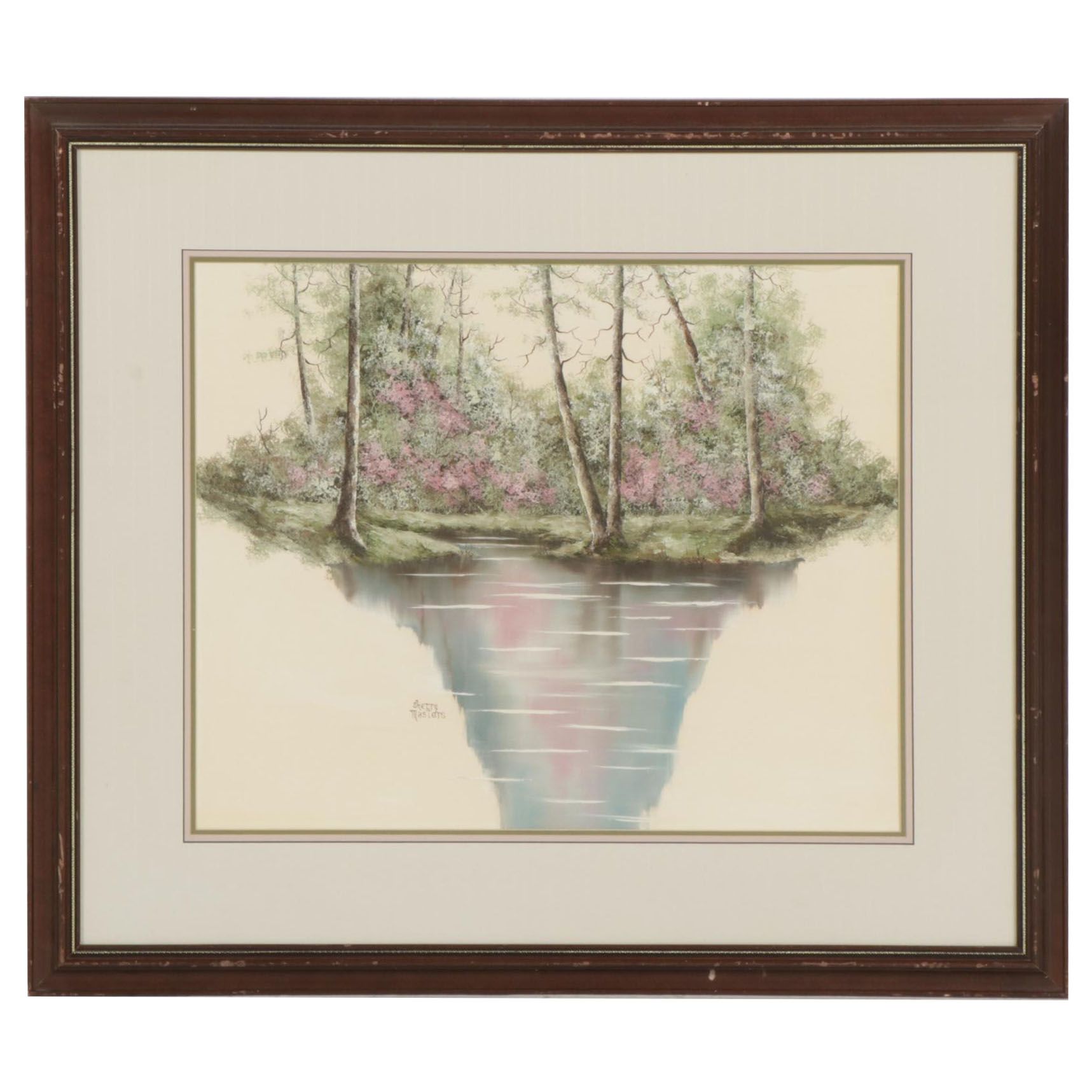 Sherry Masters Oil Painting of Bucolic Pond, Late 20th Century