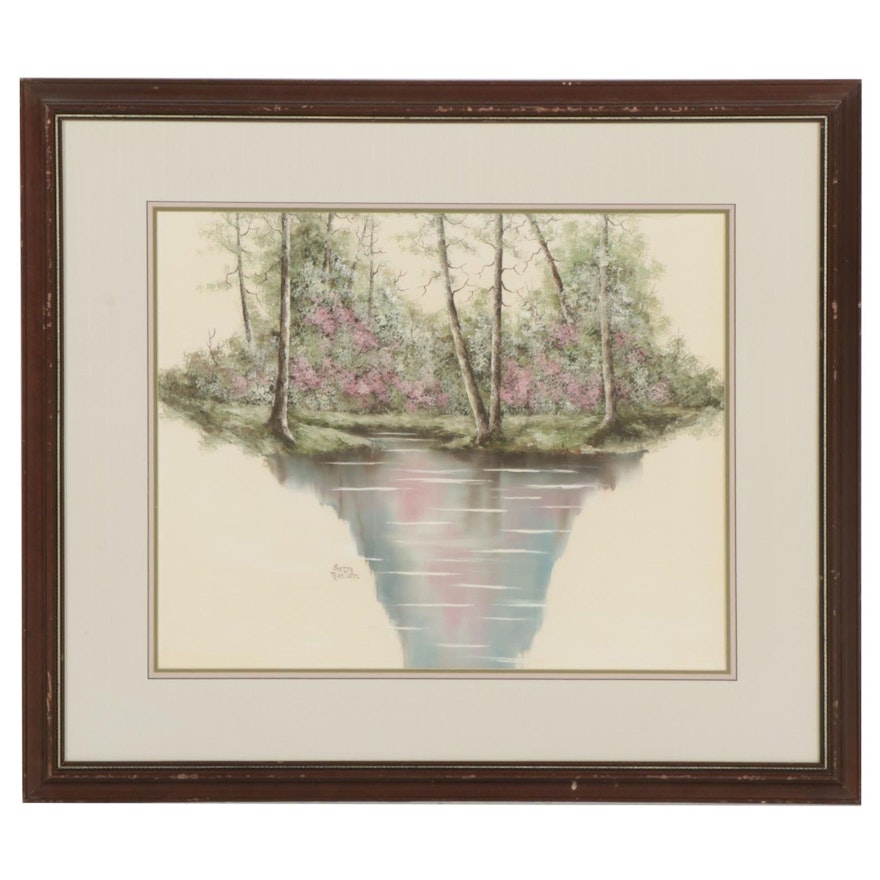 Sherry Masters Oil Painting of Bucolic Pond, Late 20th Century