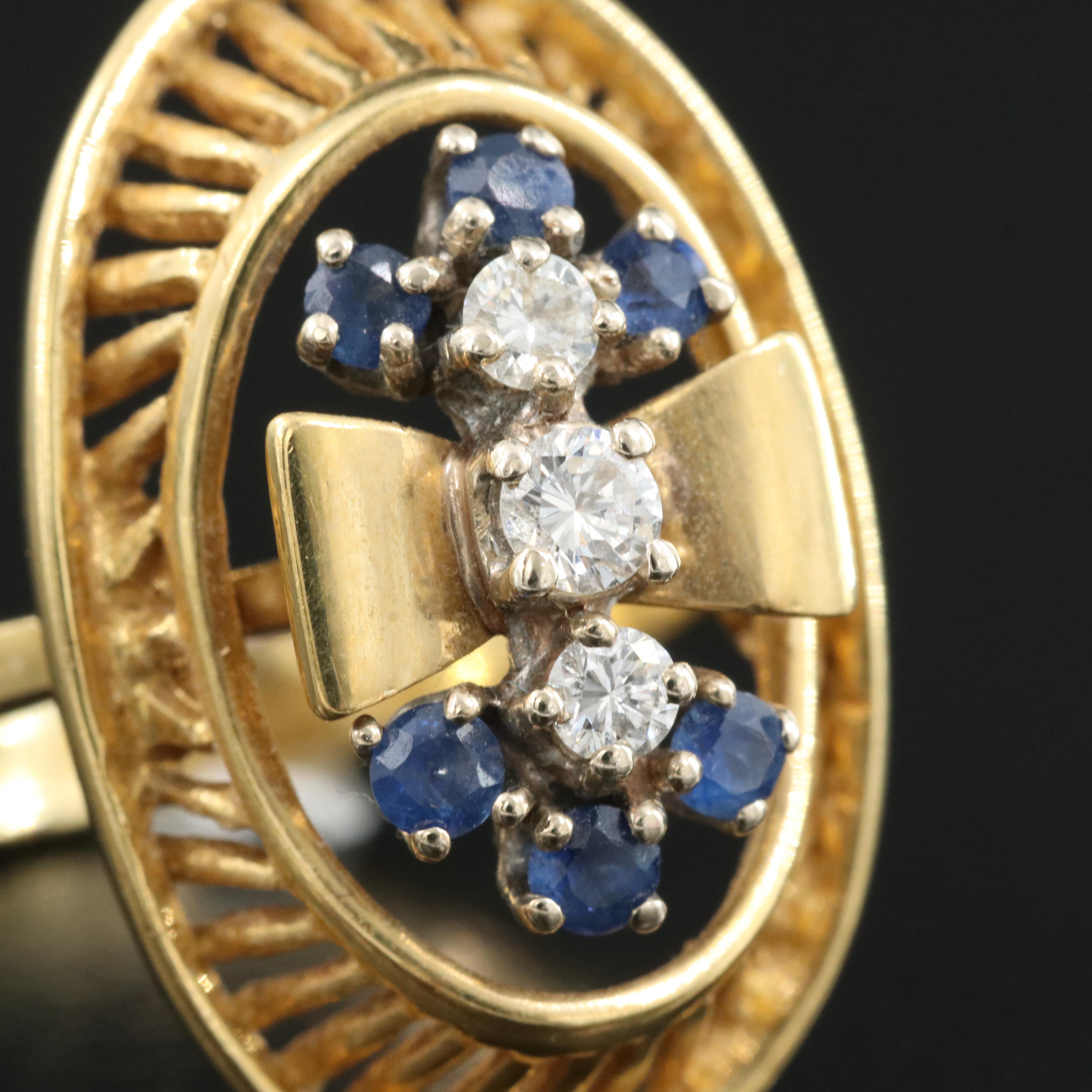 1950s Carl D Linstrom 18K 0.22 CTW Diamond and Sapphire Bow Ring