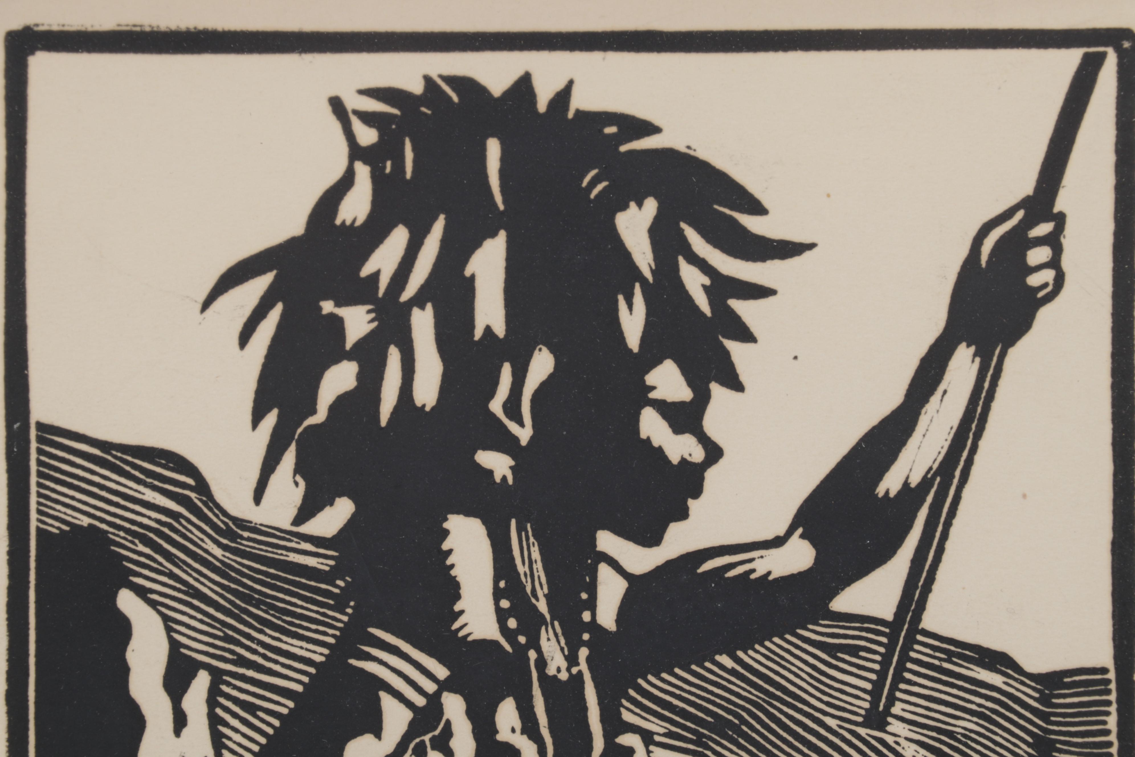 R J. Totten Linocut "Zulu Warrior," 1931