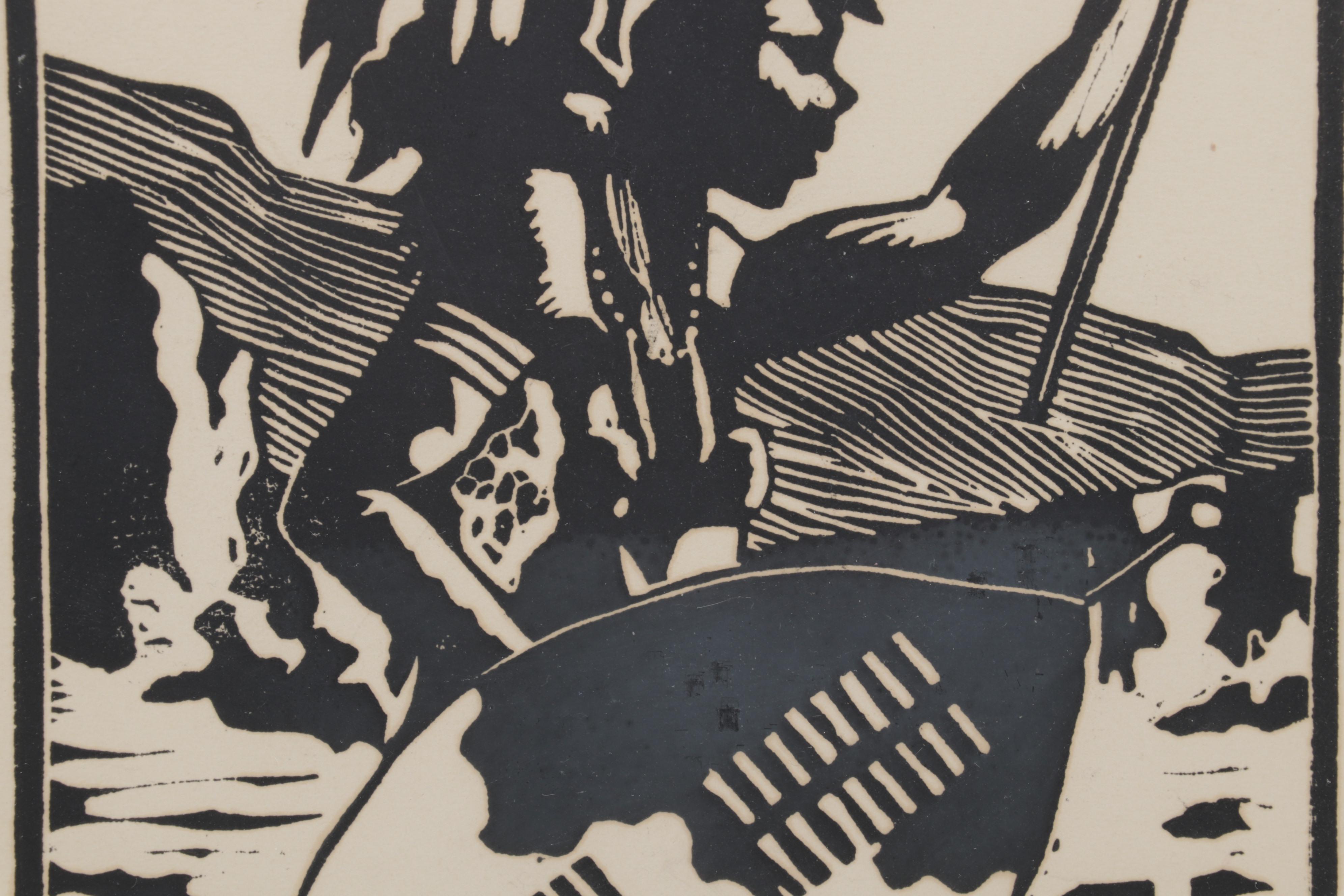 R J. Totten Linocut "Zulu Warrior," 1931