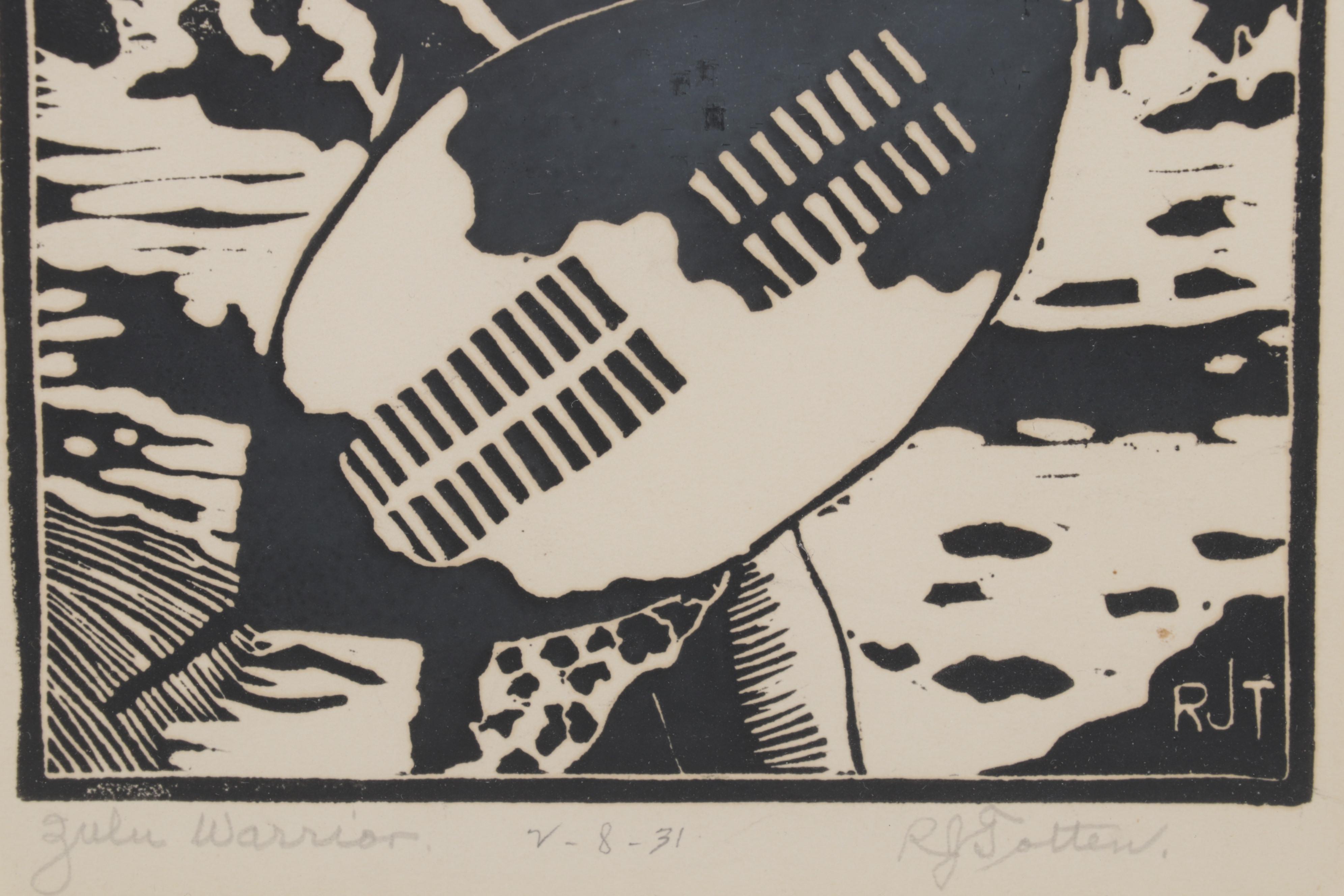 R J. Totten Linocut "Zulu Warrior," 1931
