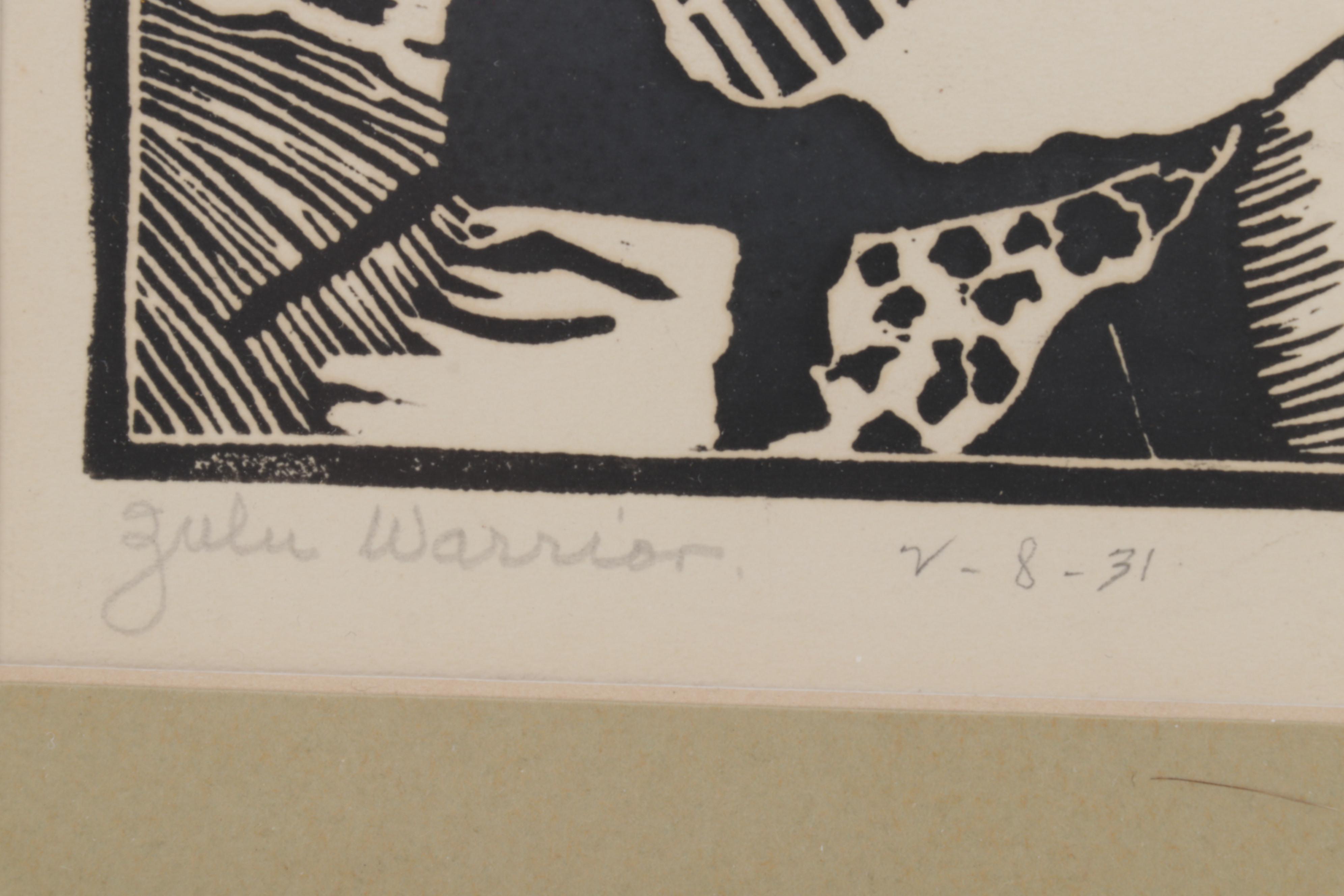 R J. Totten Linocut "Zulu Warrior," 1931