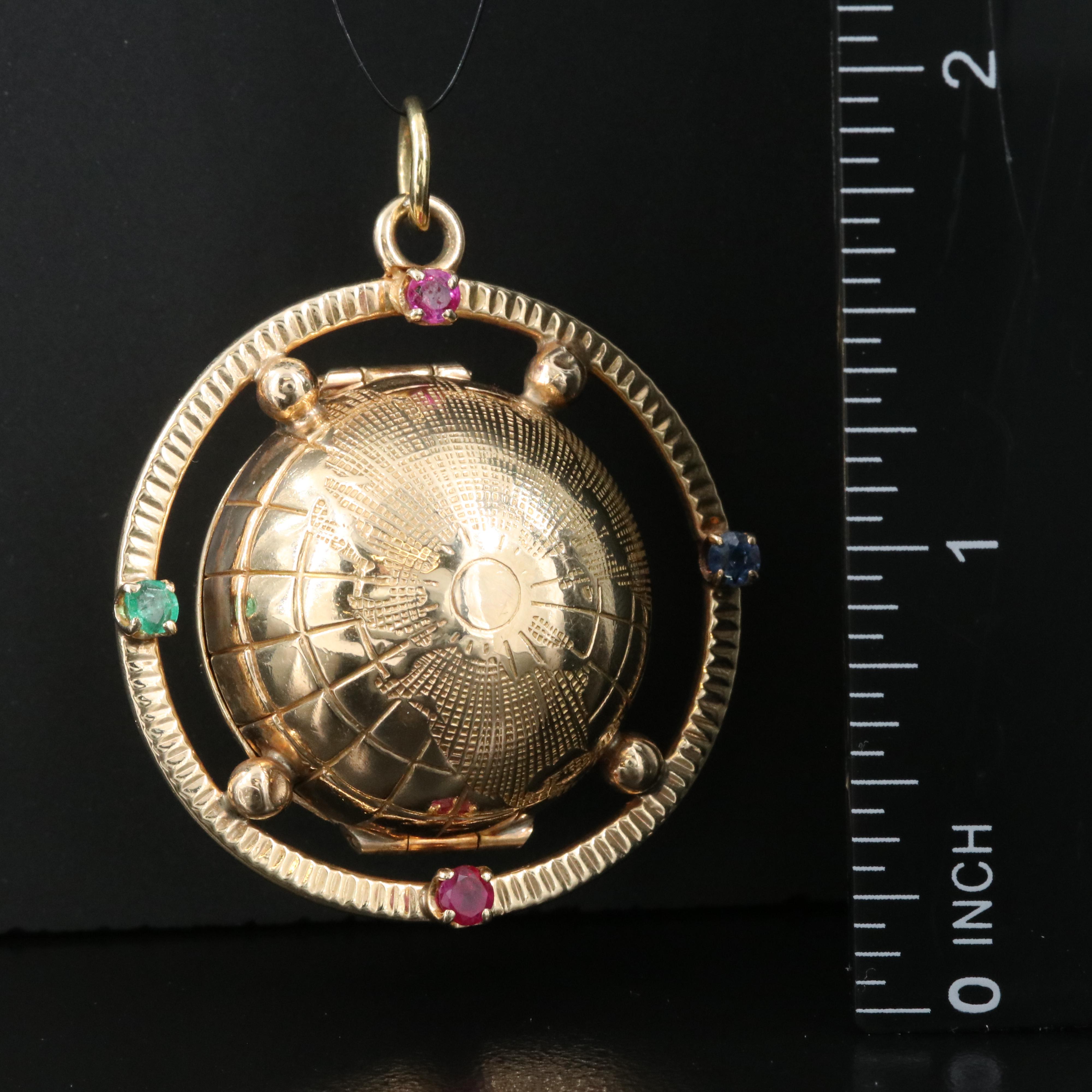 Vintage Jost 14K Ruby, Sapphire and Emerald Photo Globe Locket with 18K Accents