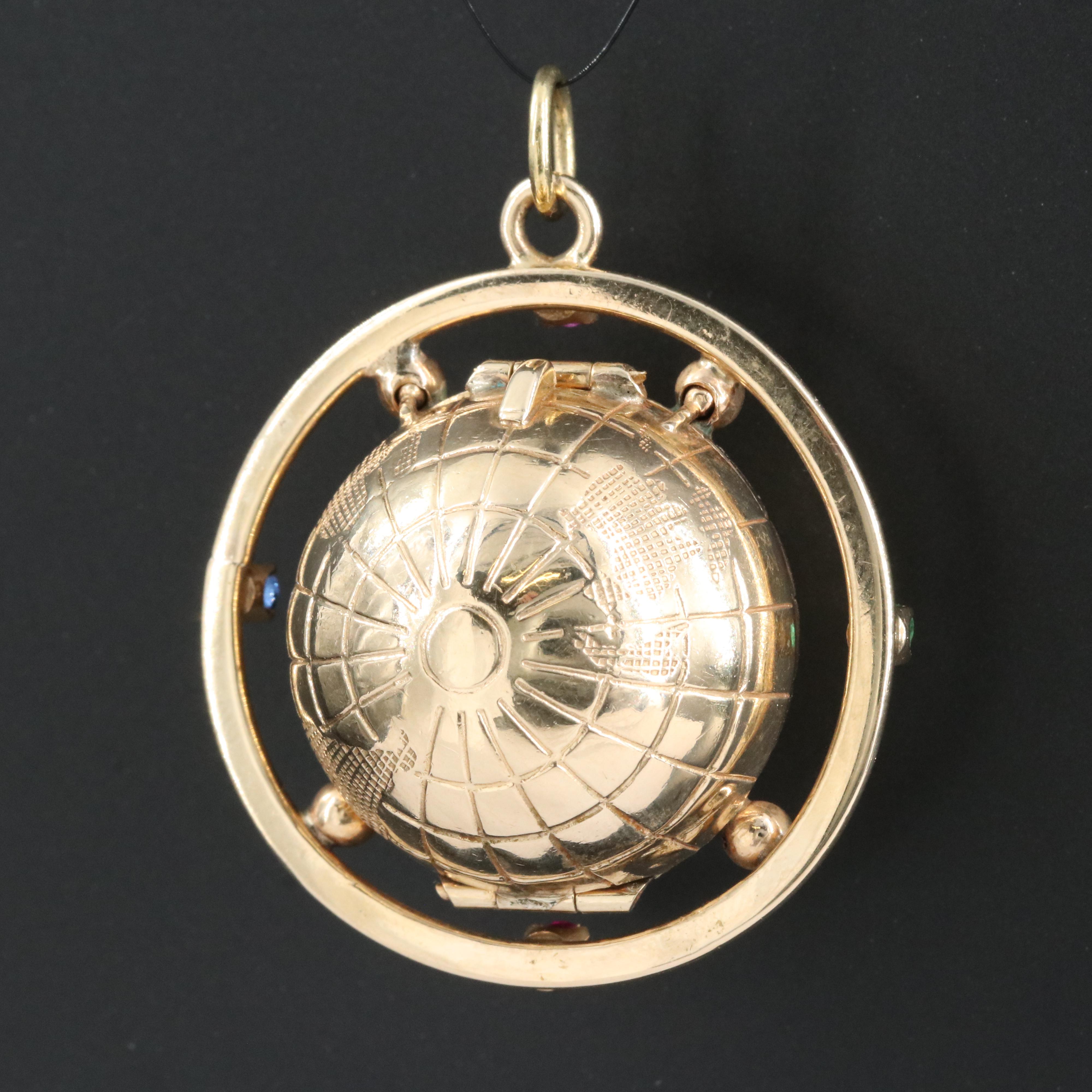 Vintage Jost 14K Ruby, Sapphire and Emerald Photo Globe Locket with 18K Accents