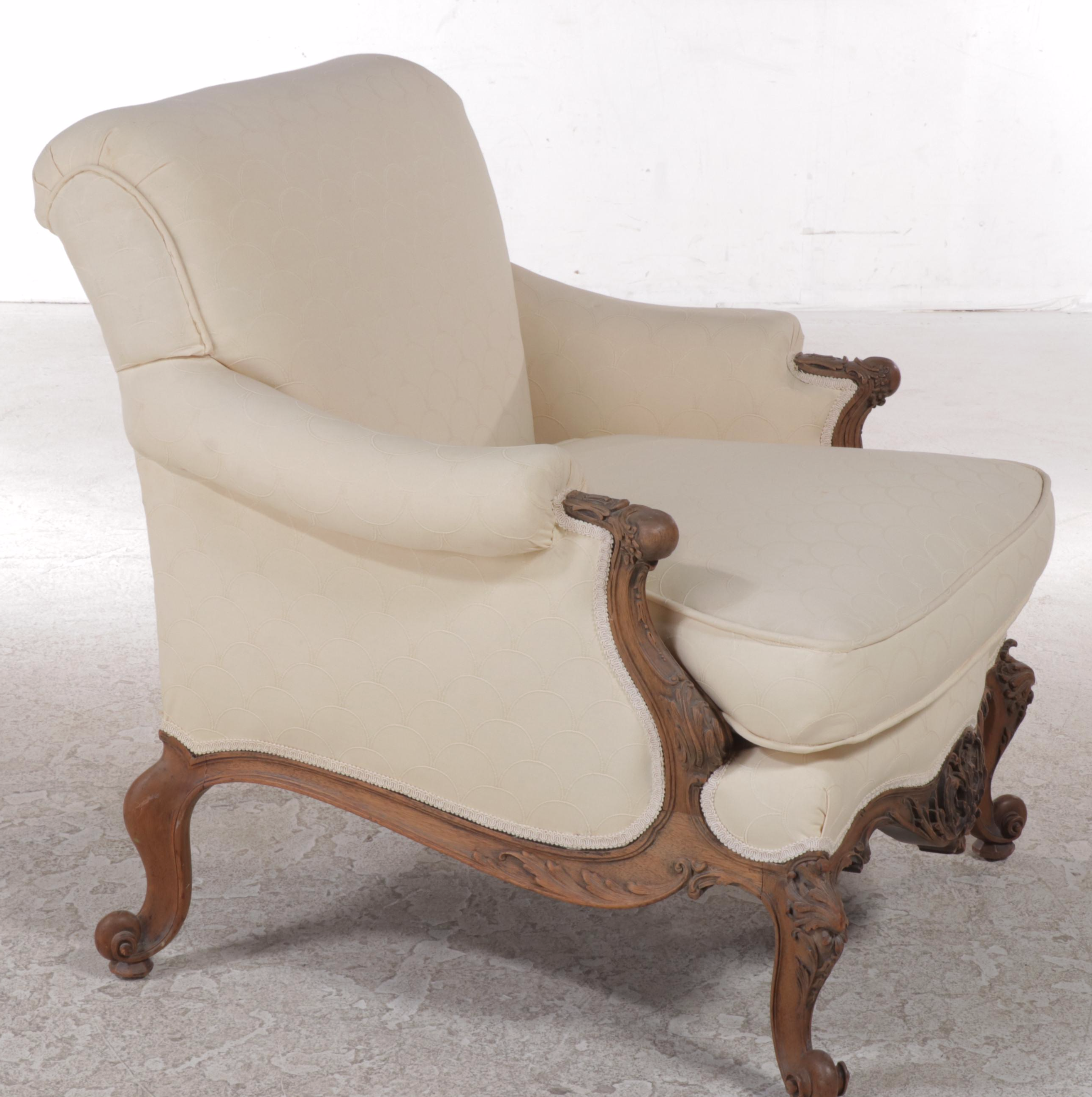 Louis XV Style Carved Walnut and Custom-Upholstered Bergère, 20th Century