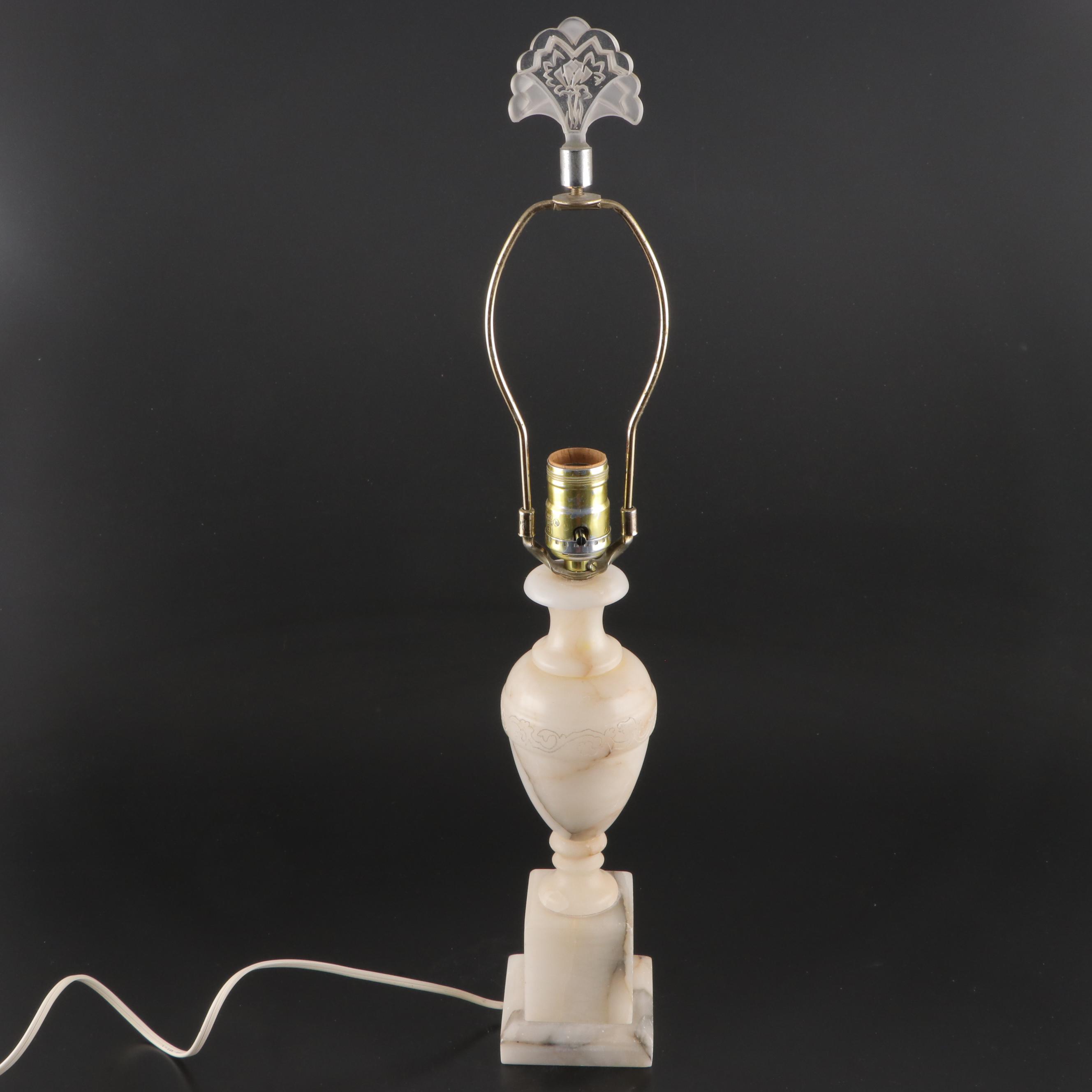 Pair of Pressed Glass Boudoir Lamps With Carved Alabaster Table Lamp, Mid-20th C