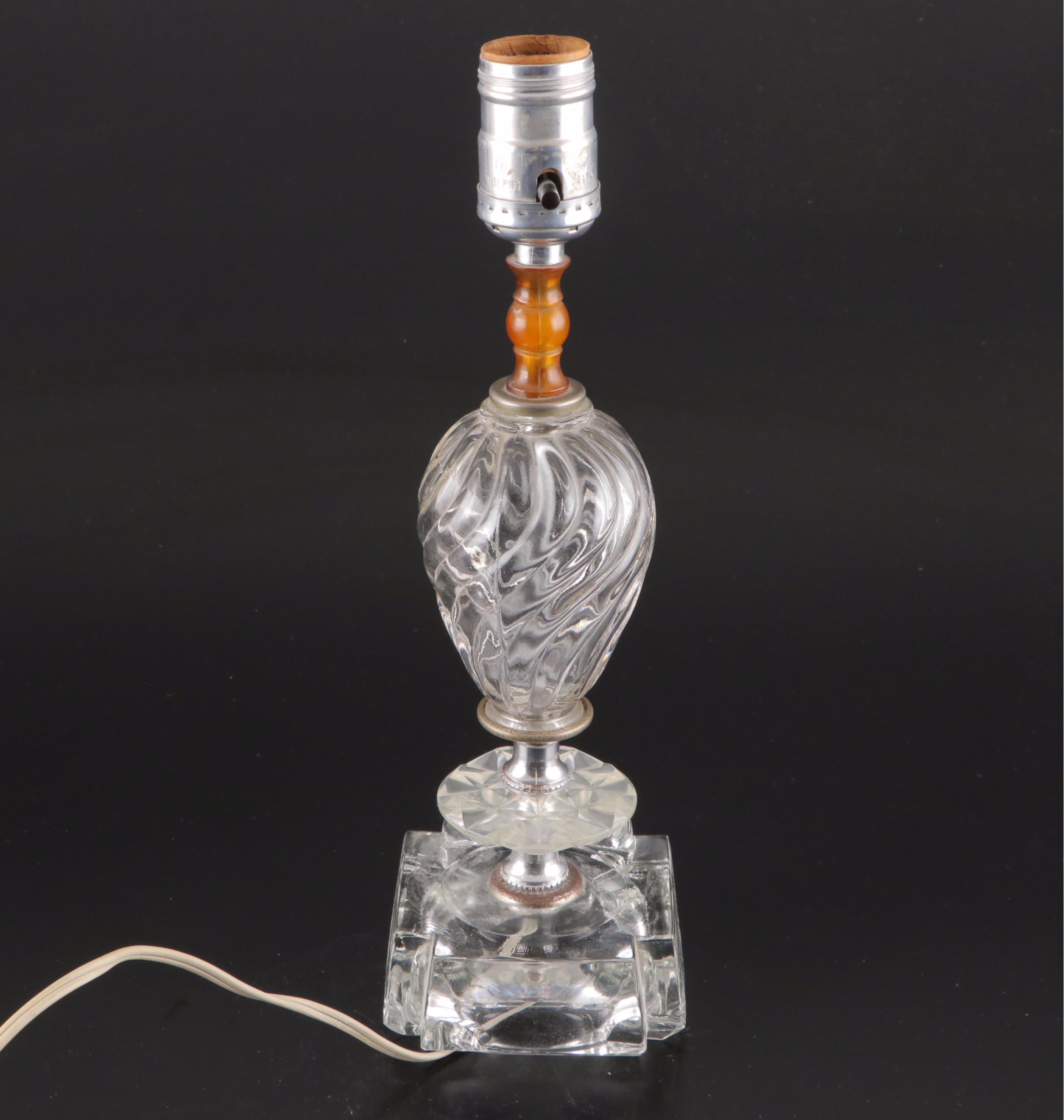 Pair of Pressed Glass Boudoir Lamps With Carved Alabaster Table Lamp, Mid-20th C