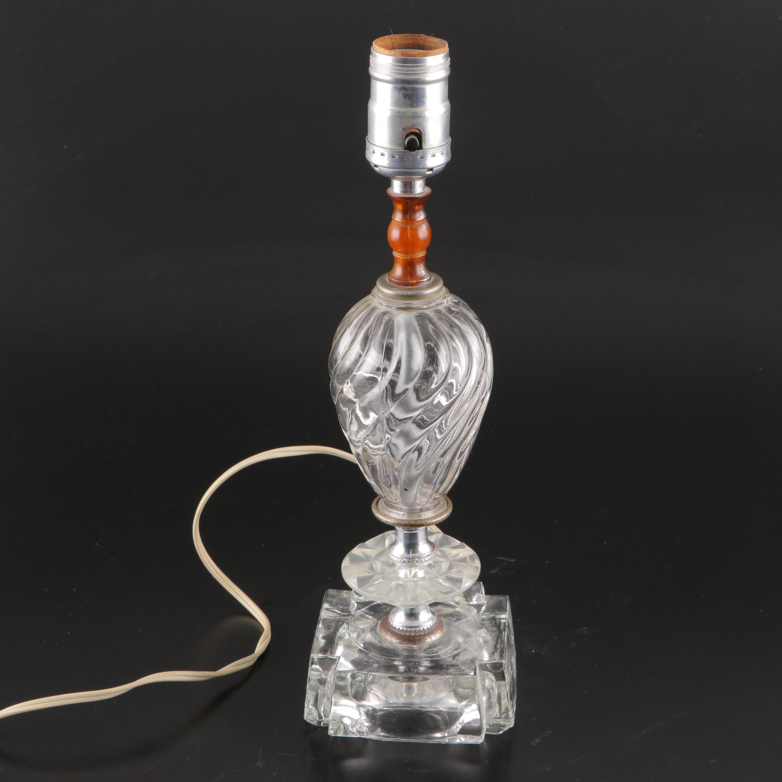 Pair of Pressed Glass Boudoir Lamps With Carved Alabaster Table Lamp, Mid-20th C