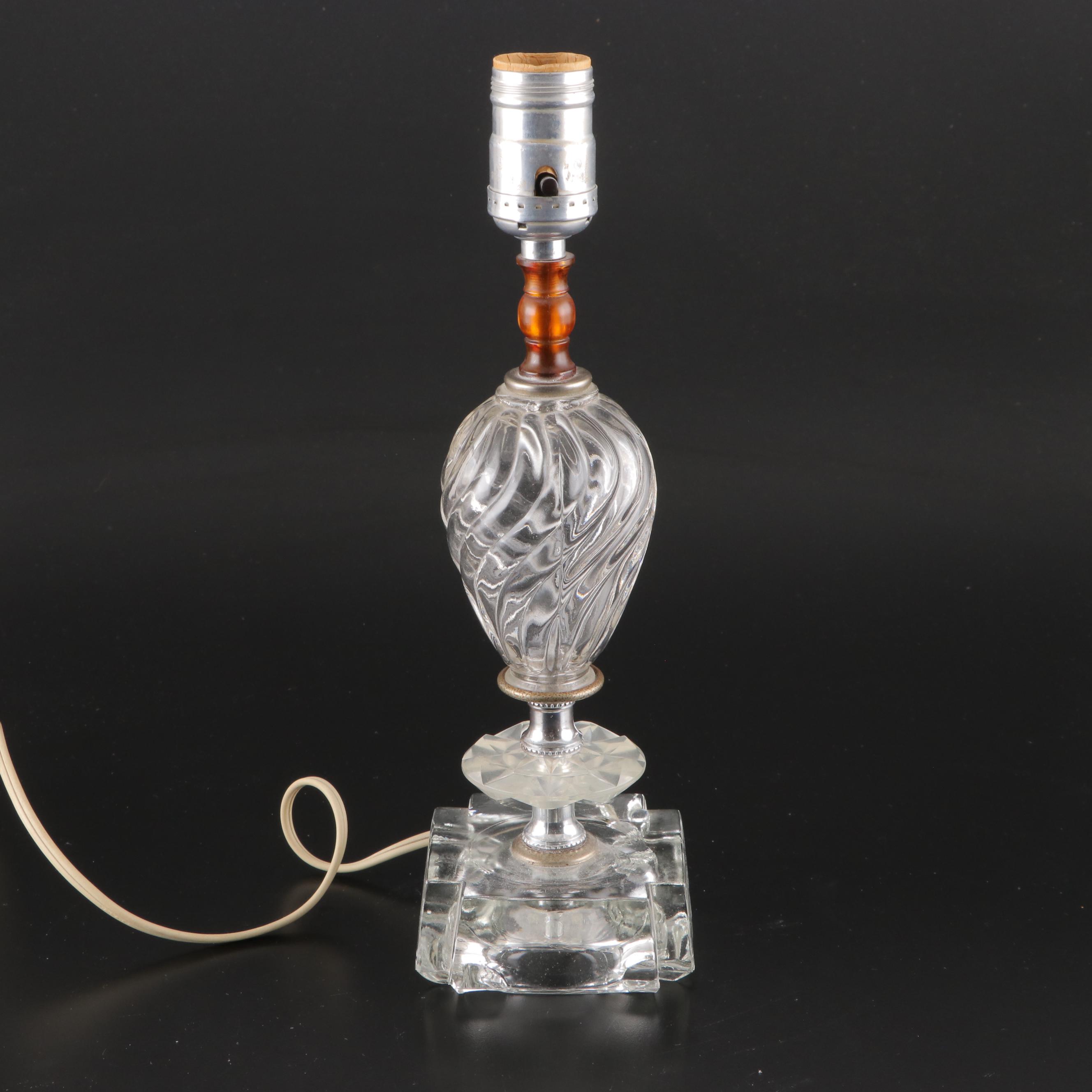 Pair of Pressed Glass Boudoir Lamps With Carved Alabaster Table Lamp, Mid-20th C