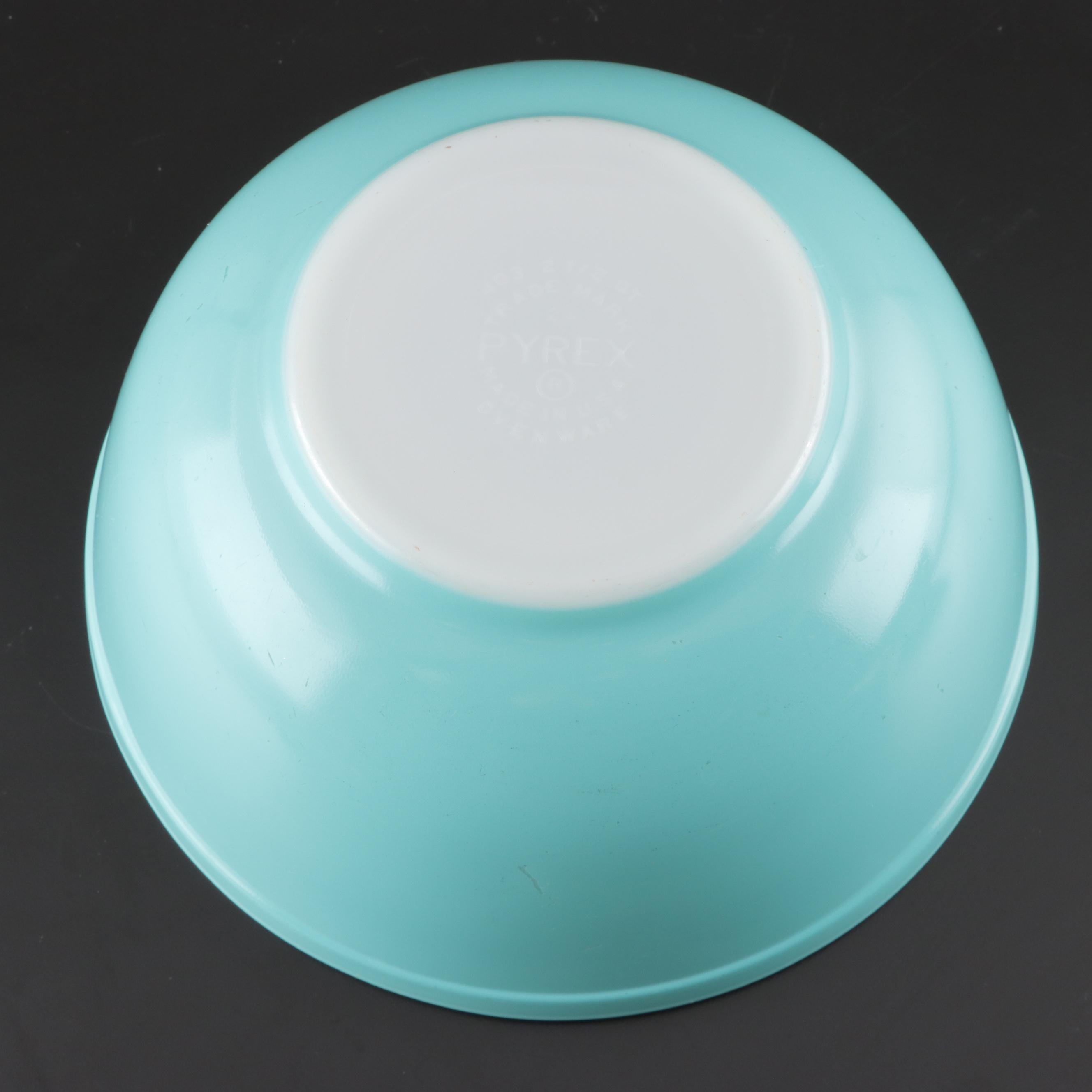 Pyrex Turquoise Mixing Bowls and Round Casserole with Lid, Mid-20th Century
