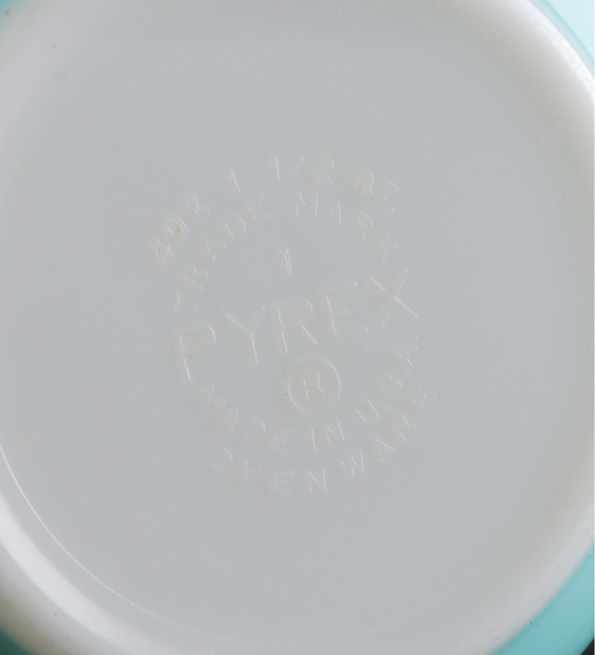 Pyrex Turquoise Mixing Bowls and Round Casserole with Lid, Mid-20th Century