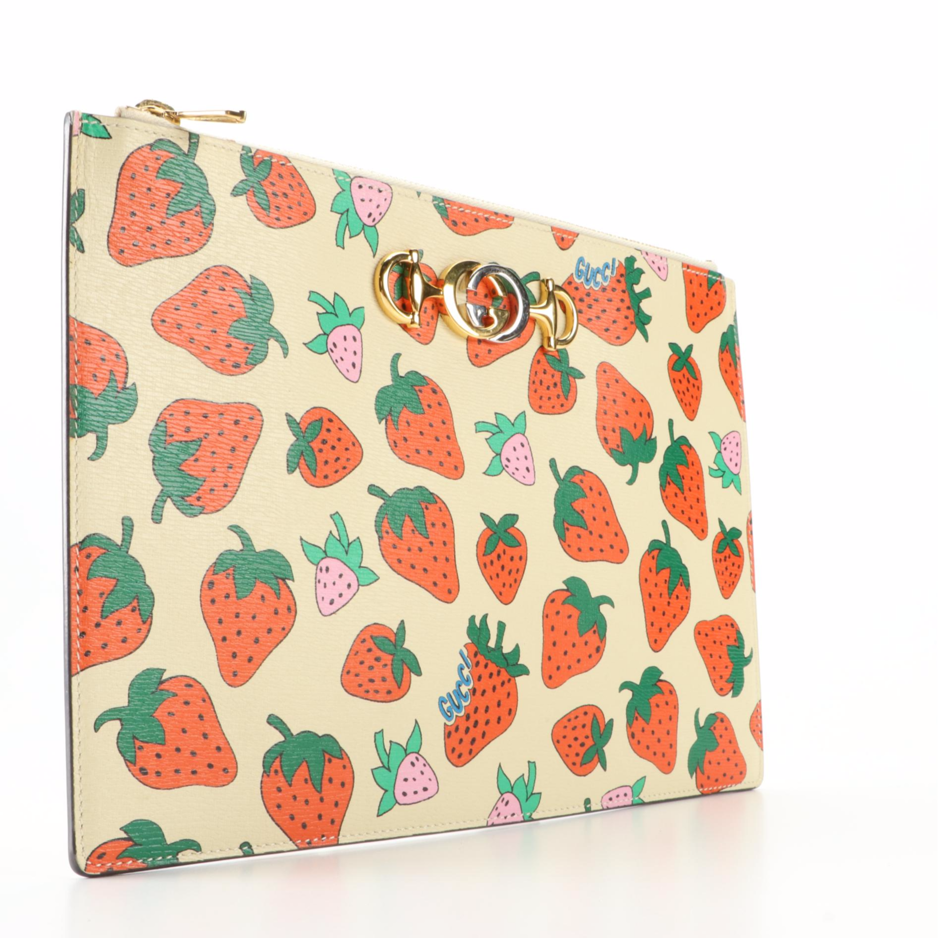 Gucci Strawberry Printed Leather Zip Pouch