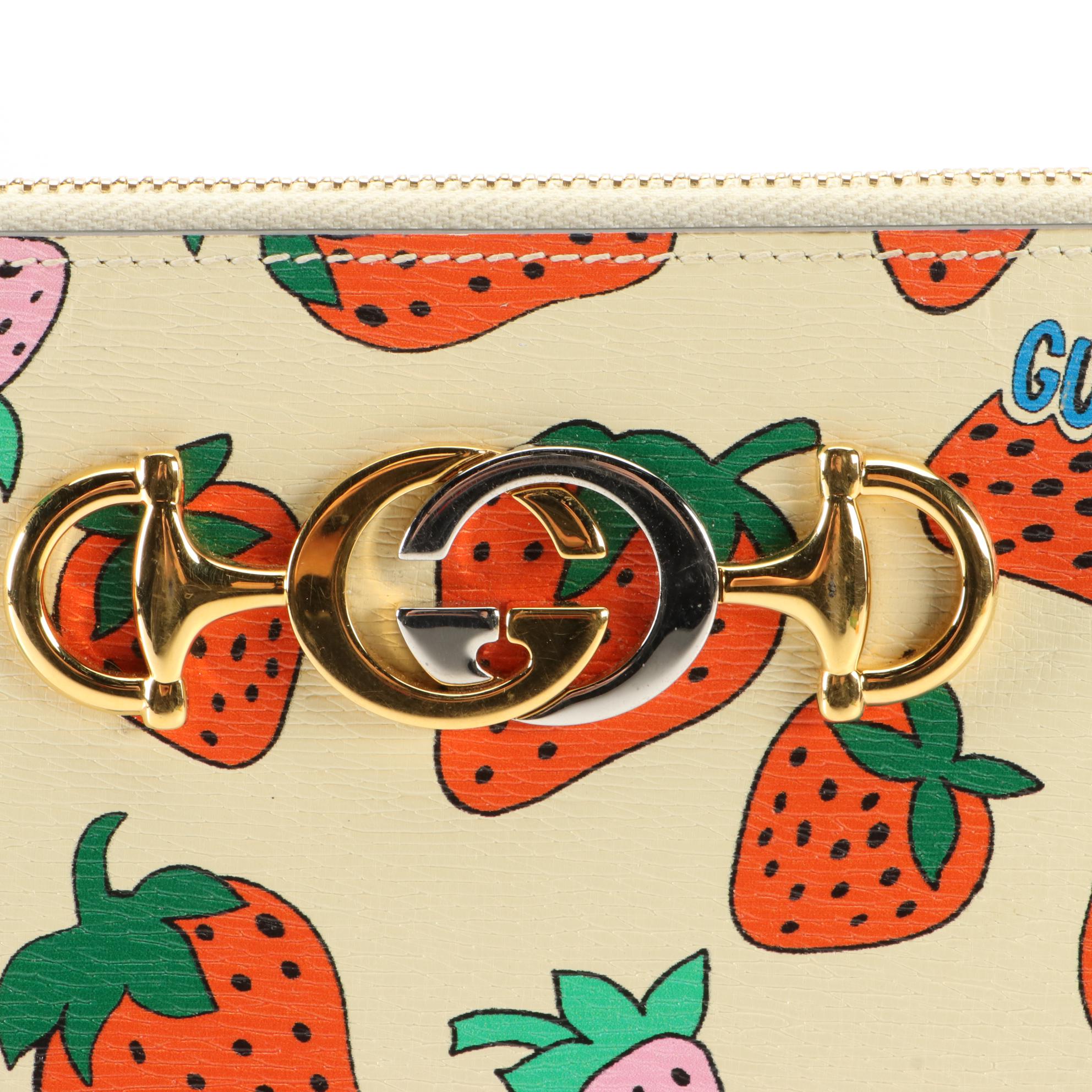 Gucci Strawberry Printed Leather Zip Pouch