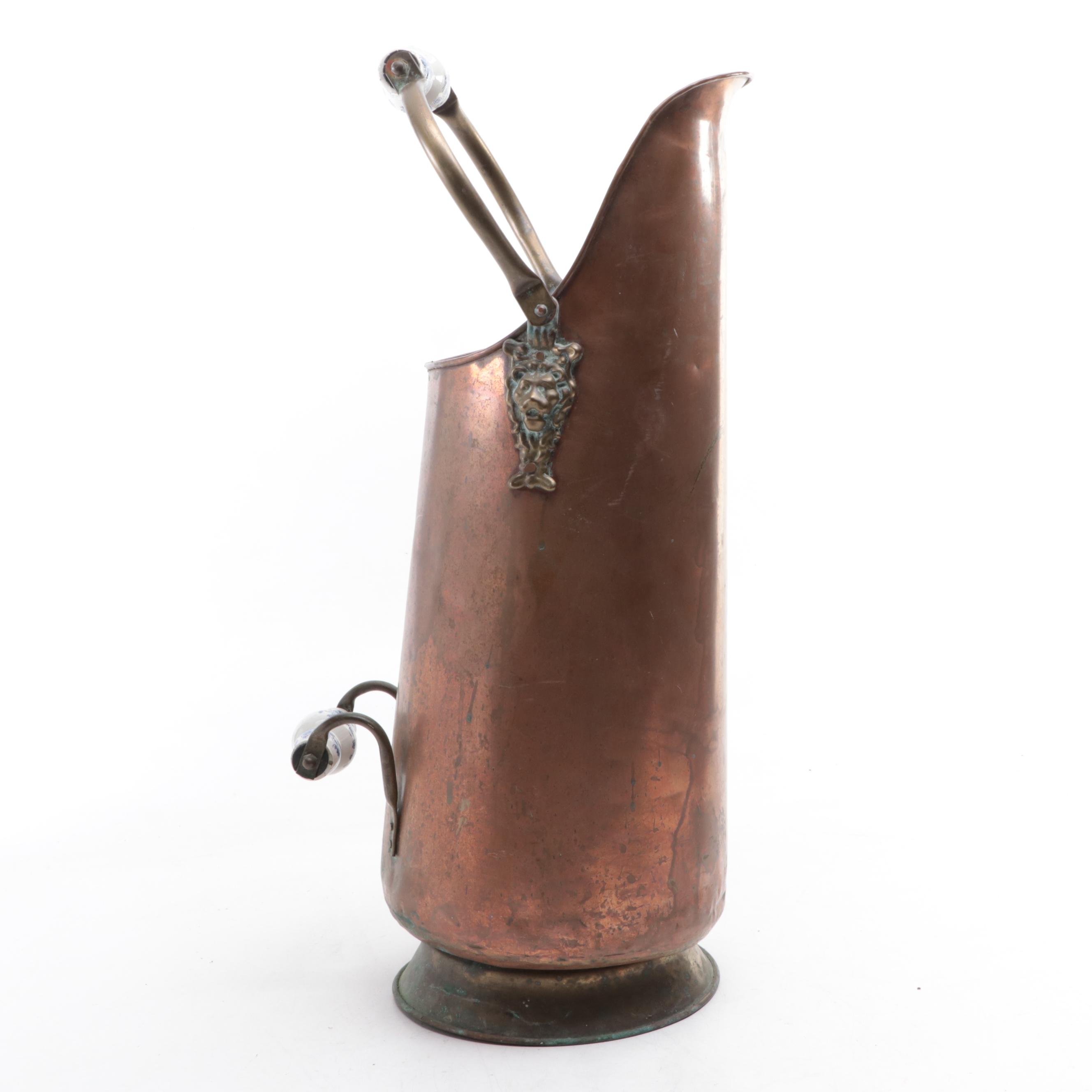 Brass and Porcelain Handled Copper Coal Scuttle, Early to Mid-20th Century
