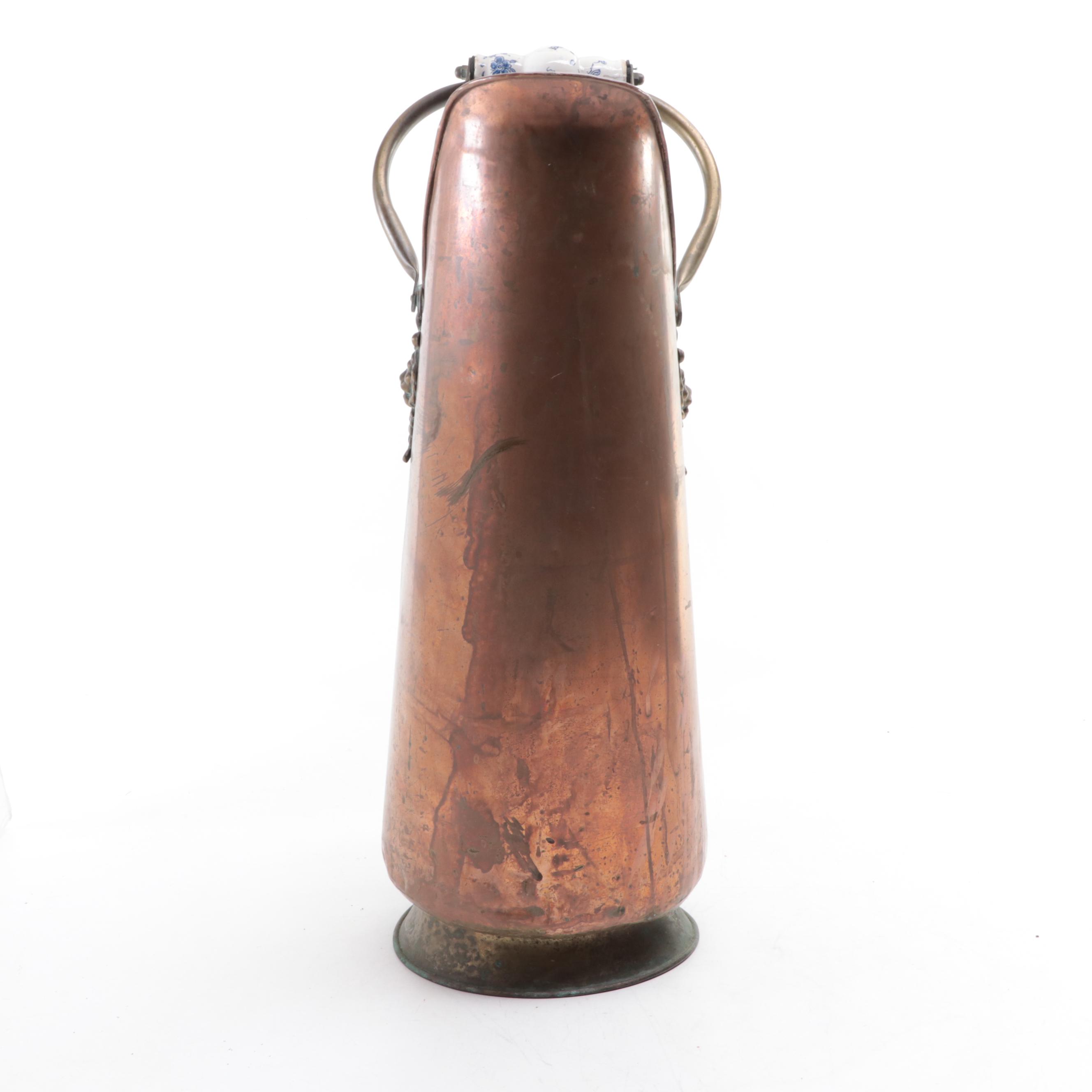 Brass and Porcelain Handled Copper Coal Scuttle, Early to Mid-20th Century