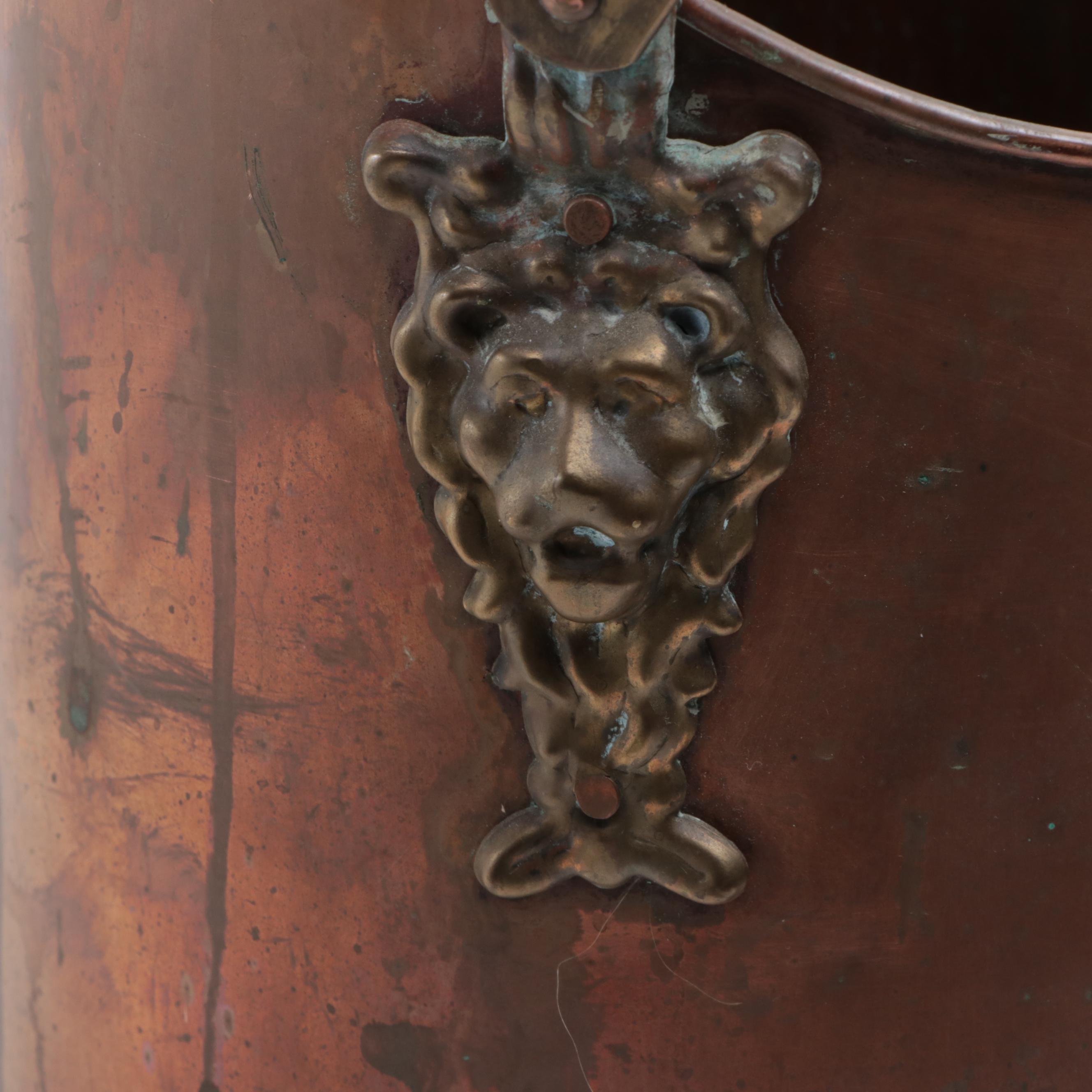 Brass and Porcelain Handled Copper Coal Scuttle, Early to Mid-20th Century