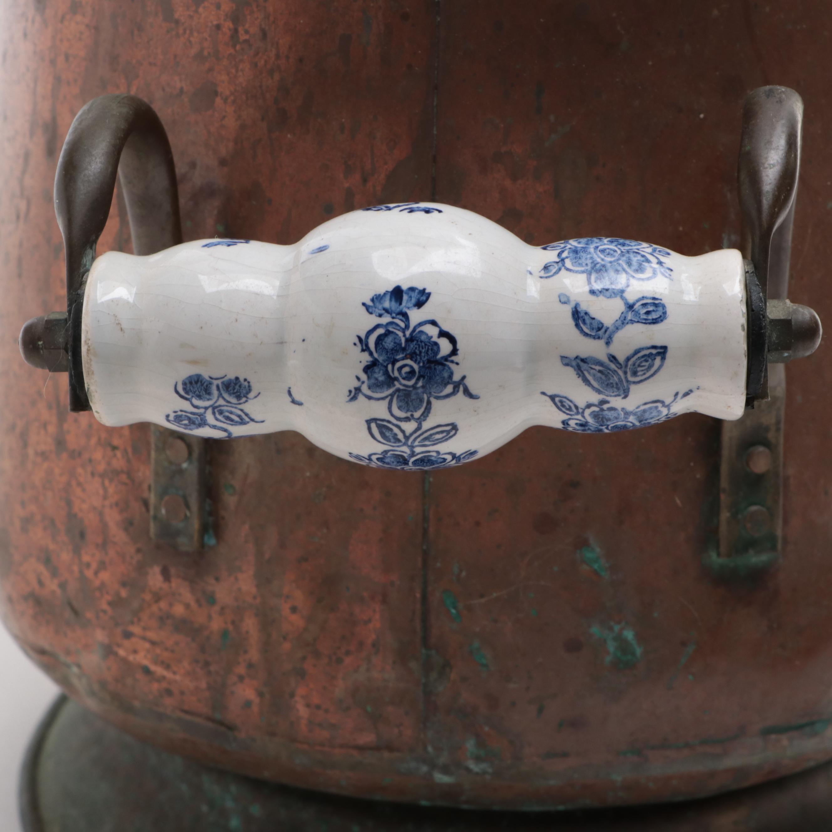 Brass and Porcelain Handled Copper Coal Scuttle, Early to Mid-20th Century