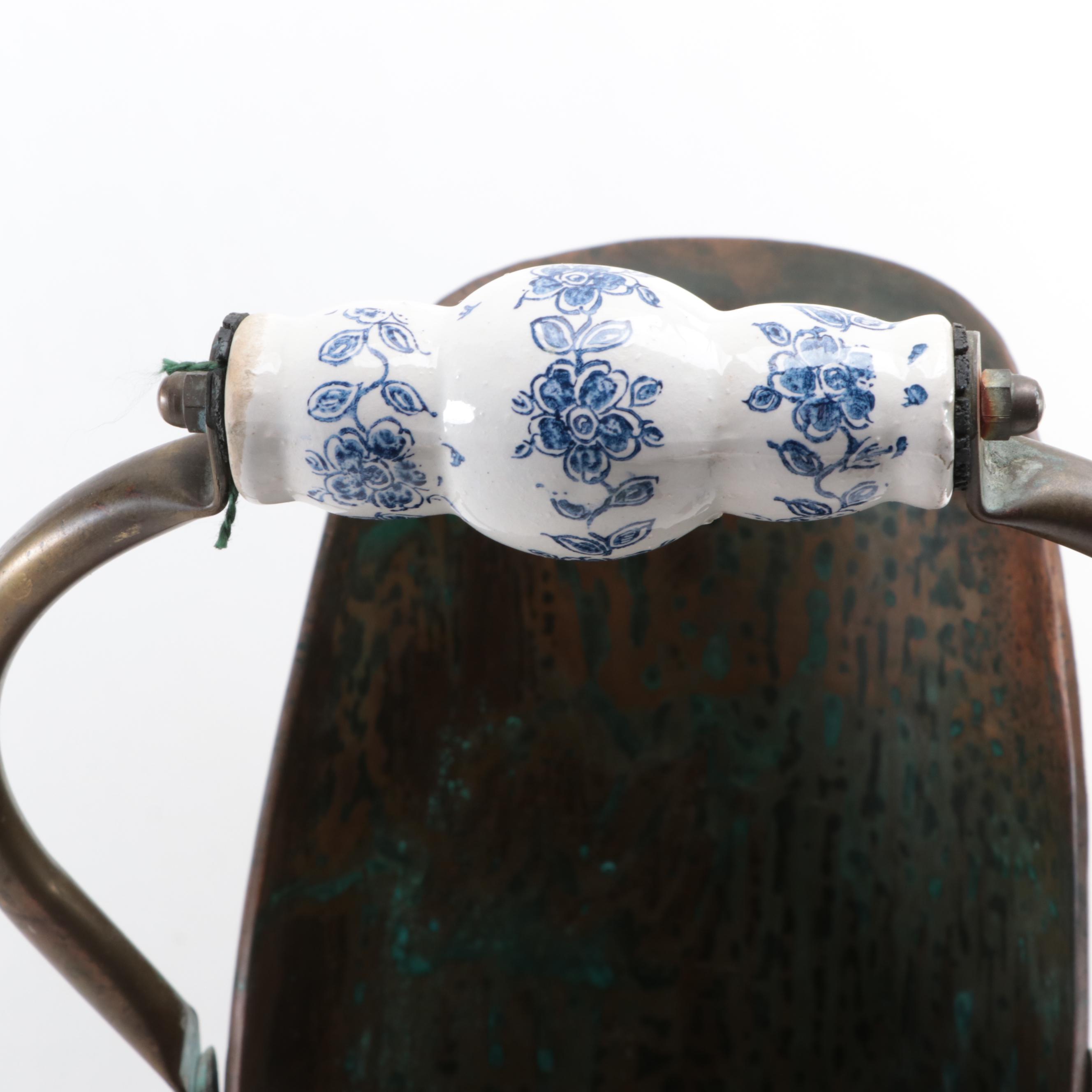 Brass and Porcelain Handled Copper Coal Scuttle, Early to Mid-20th Century