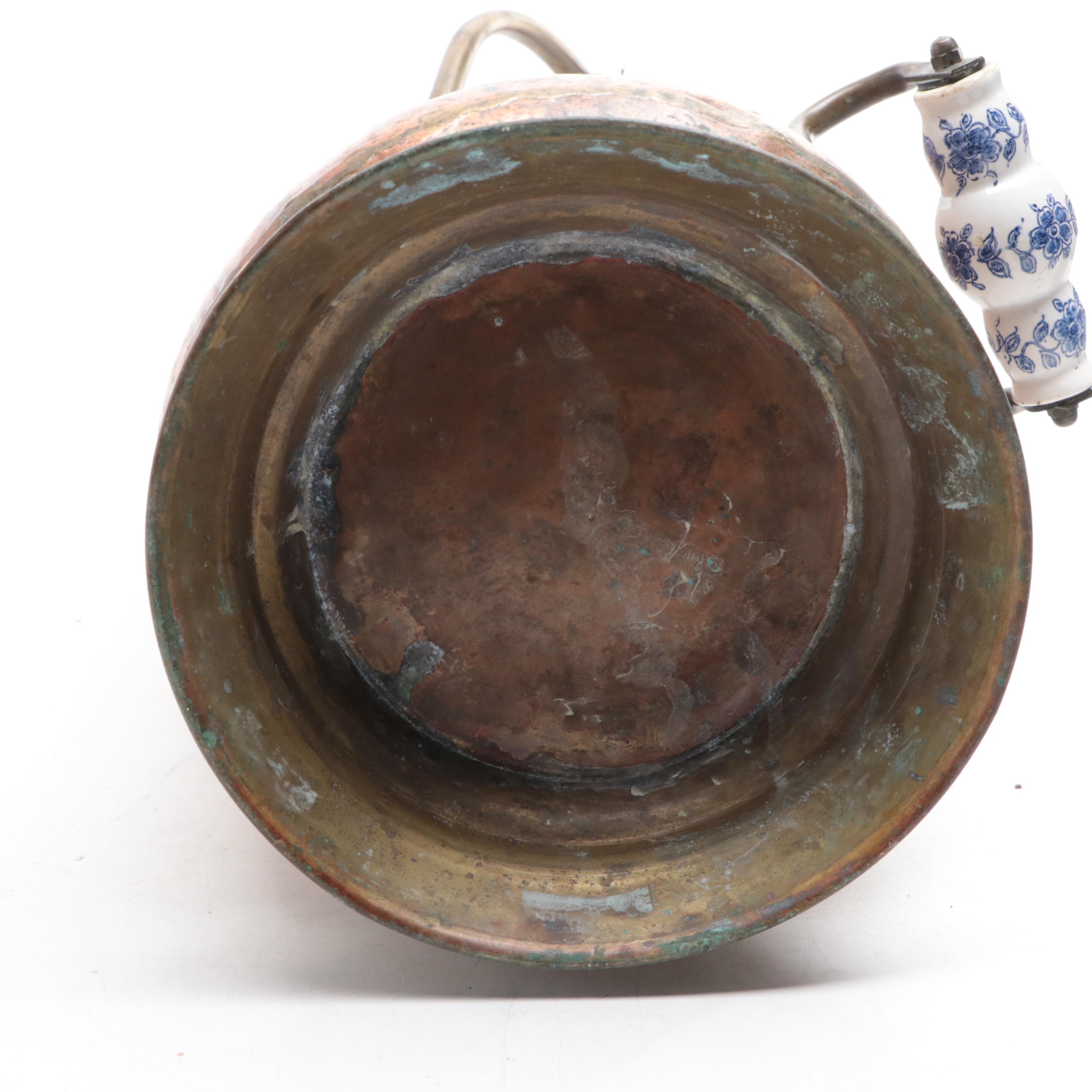 Brass and Porcelain Handled Copper Coal Scuttle, Early to Mid-20th Century