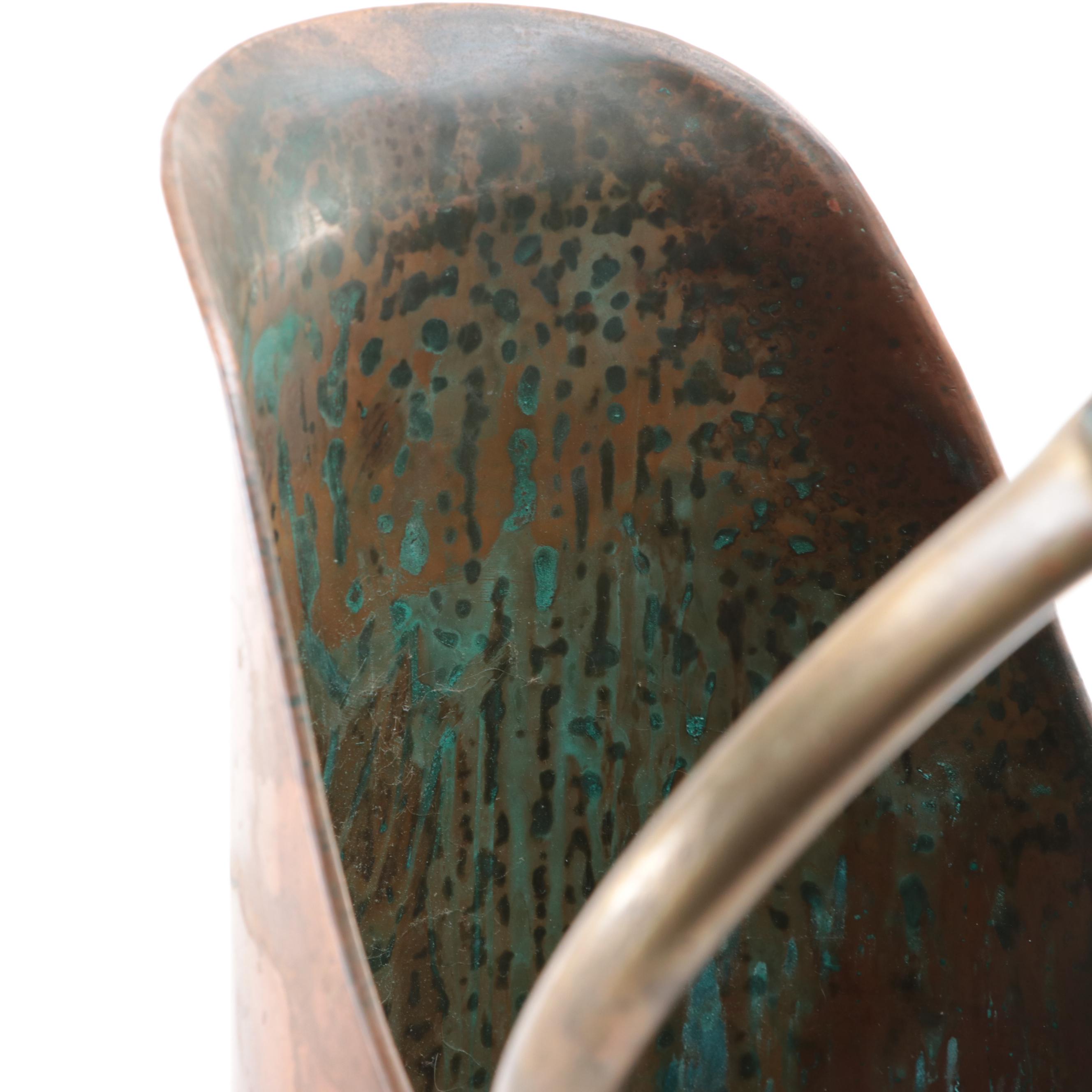 Brass and Porcelain Handled Copper Coal Scuttle, Early to Mid-20th Century