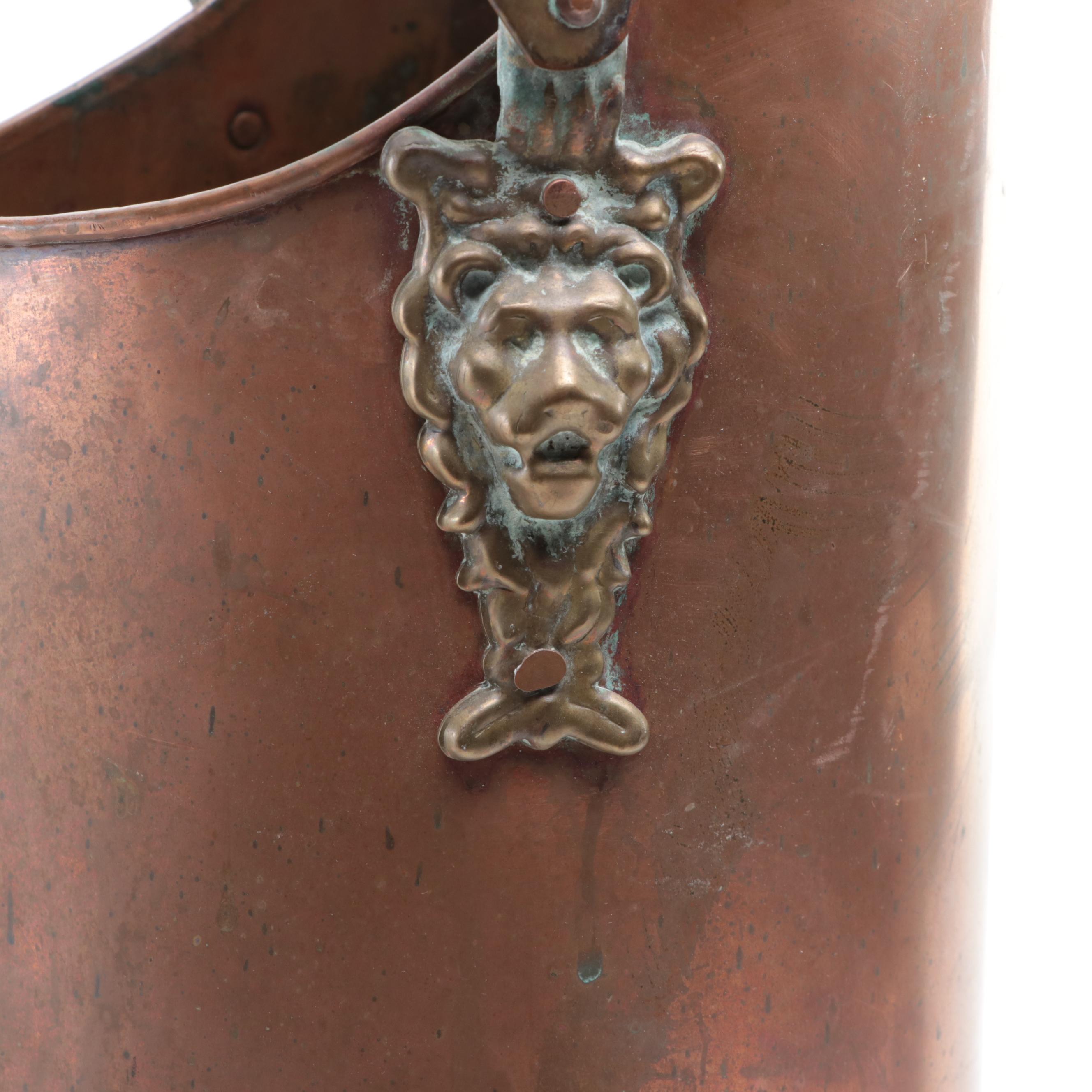 Brass and Porcelain Handled Copper Coal Scuttle, Early to Mid-20th Century