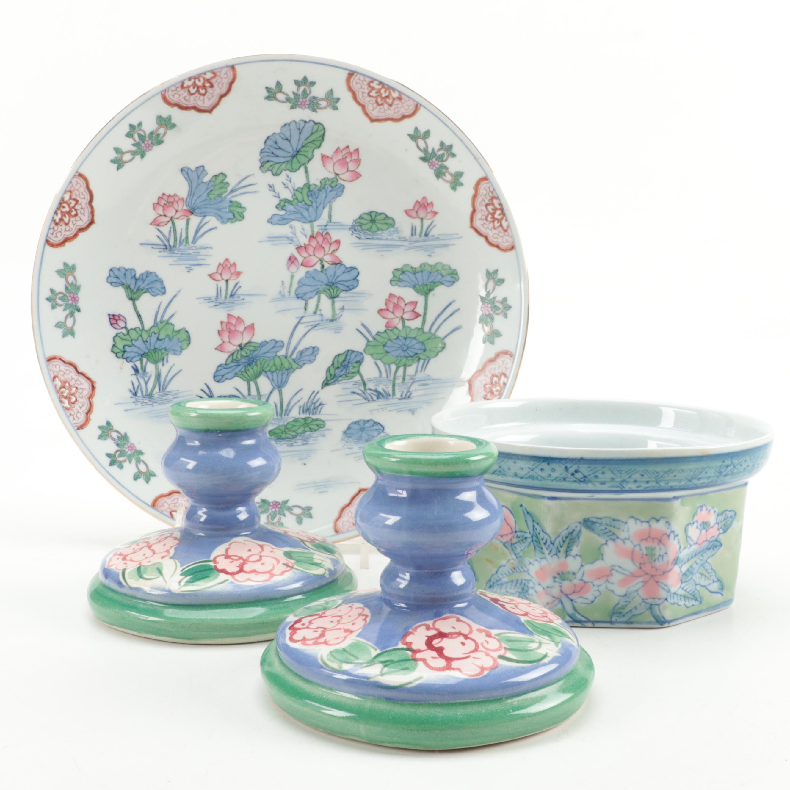 Chinese Porcelain Bowl, Platter and Ceramic Candlesticks