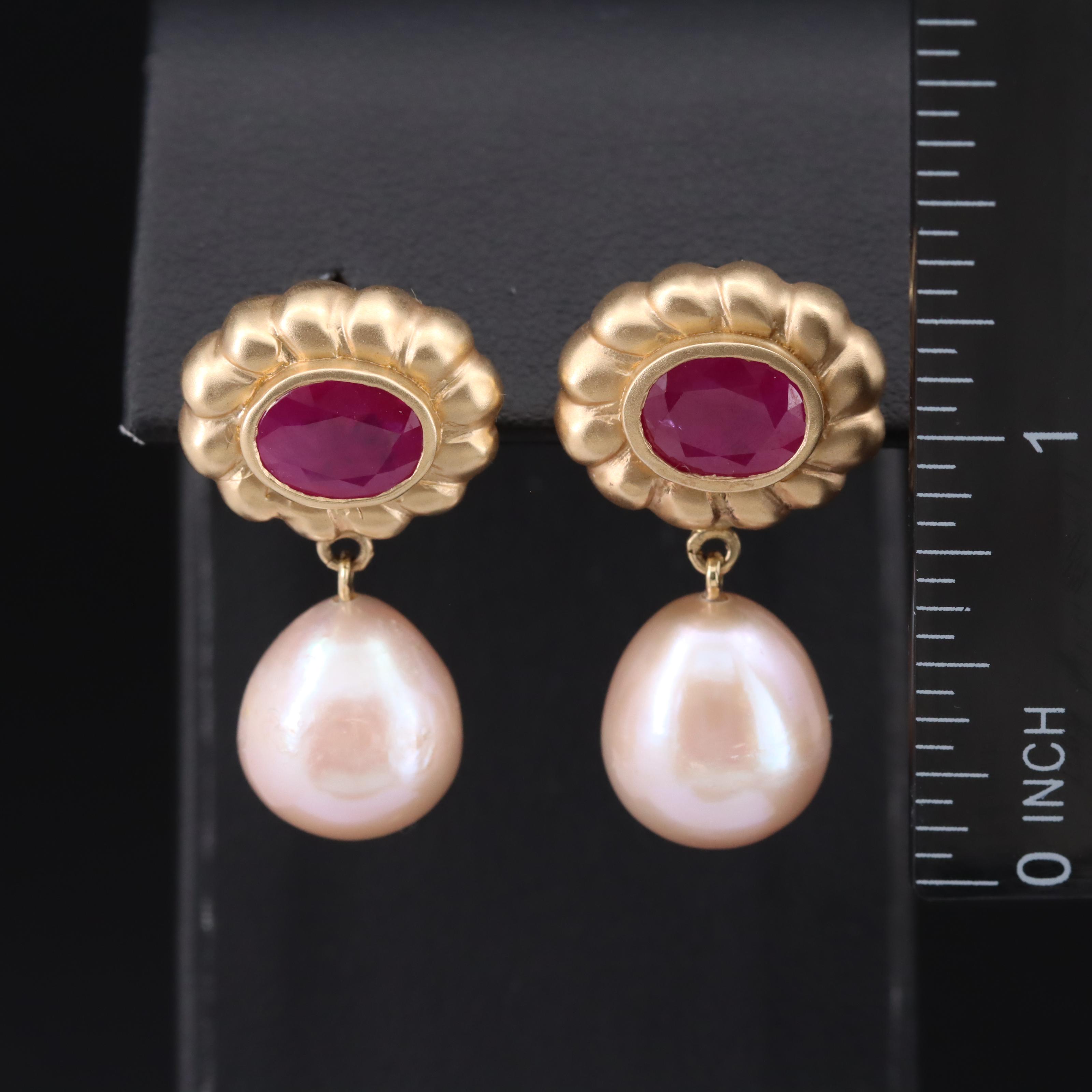 14K Pearl and 5.20 CTW Ruby Earrings