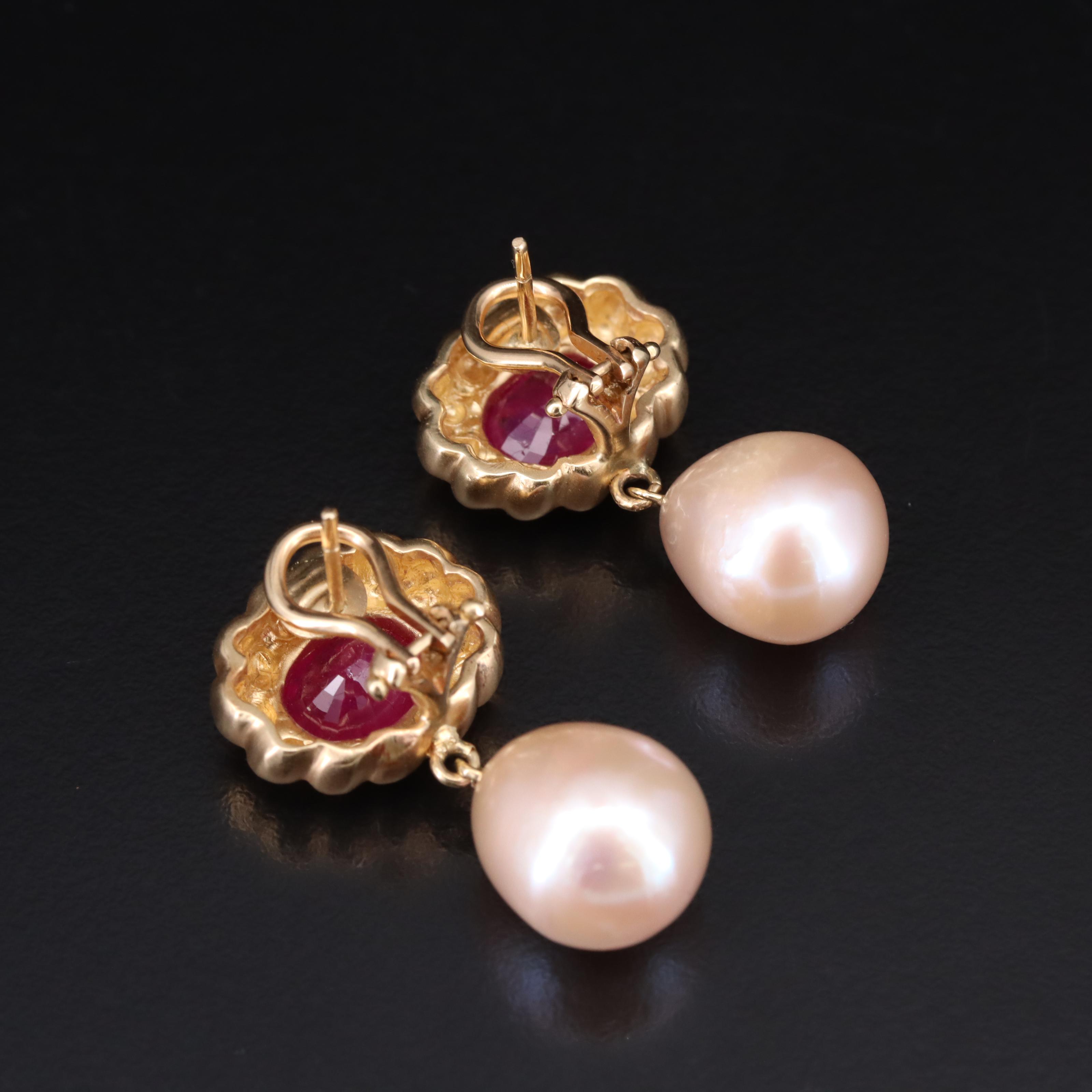 14K Pearl and 5.20 CTW Ruby Earrings