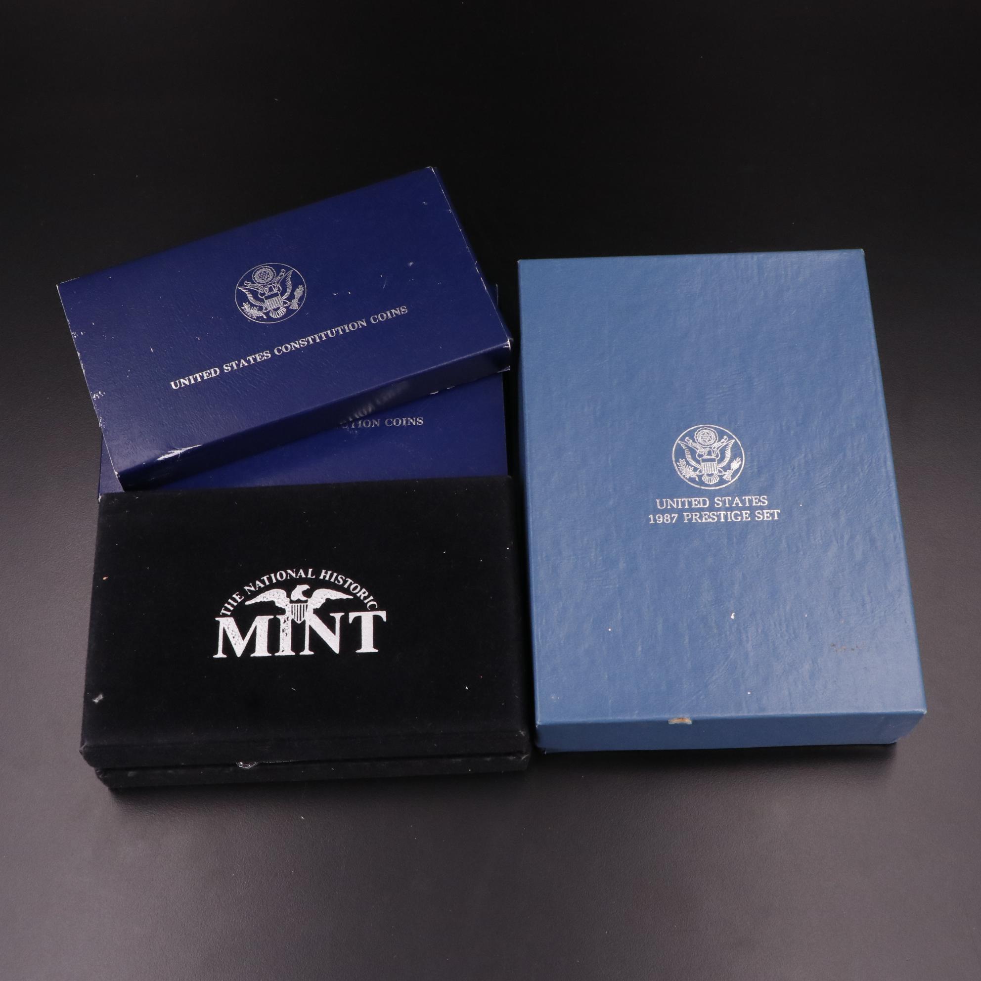 Two 1987 Constitution Proof Silver Dollars, 1987 Prestige Set, and More