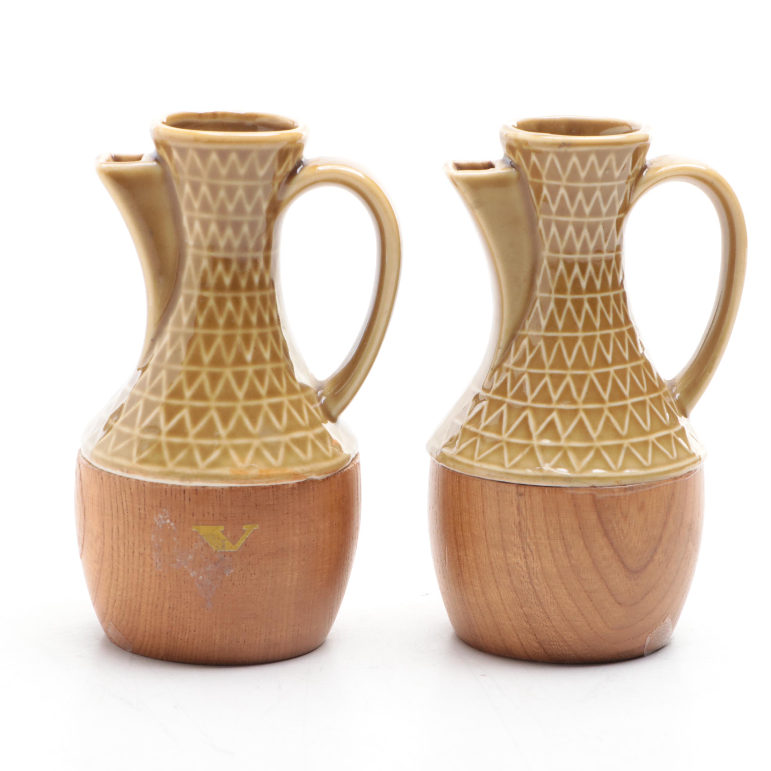 Mid Century Modern Style Japanese Wooden and Ceramic Pitchers