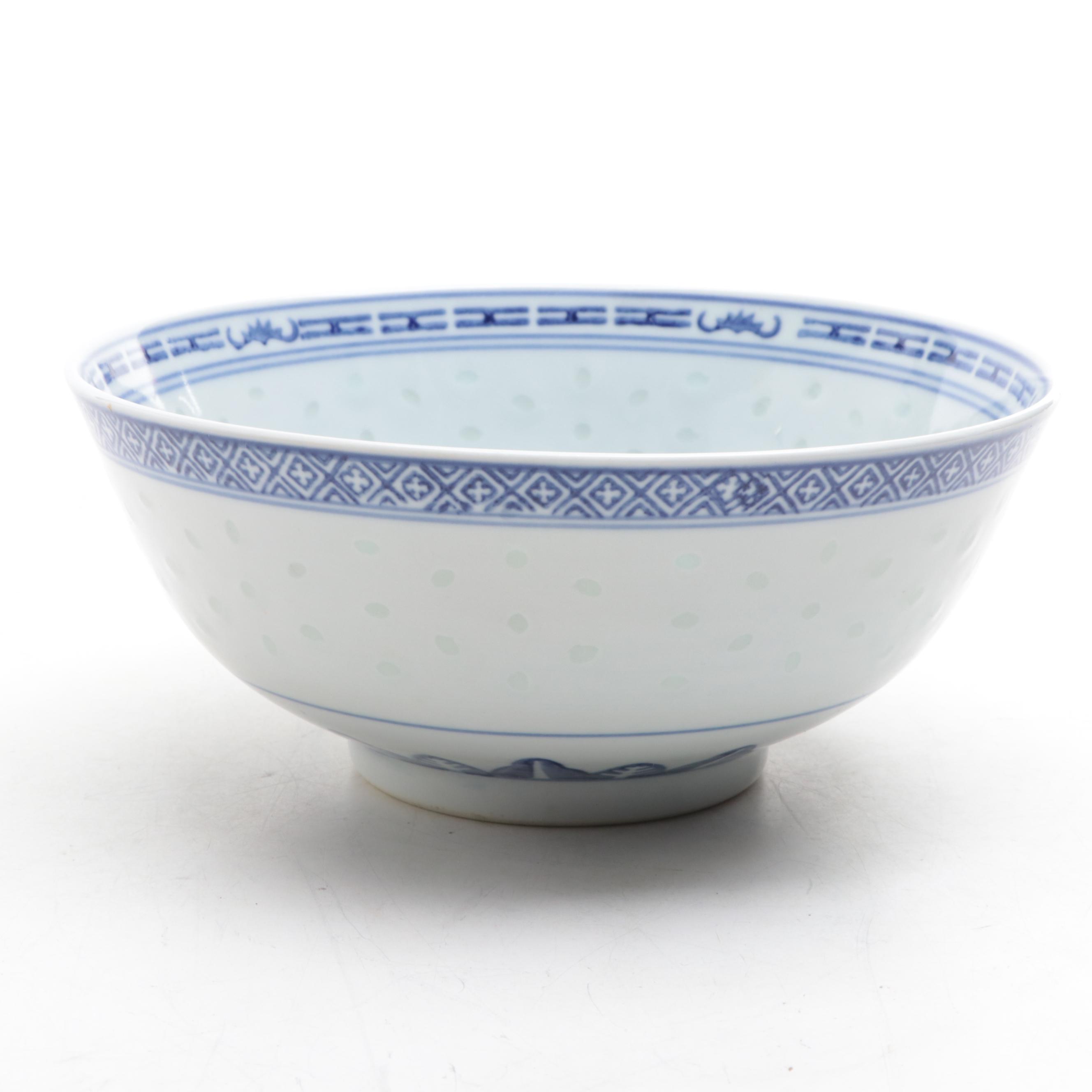 Chinese Blue and White Rice Grain Porcelain Bowl with Japanese Bowl