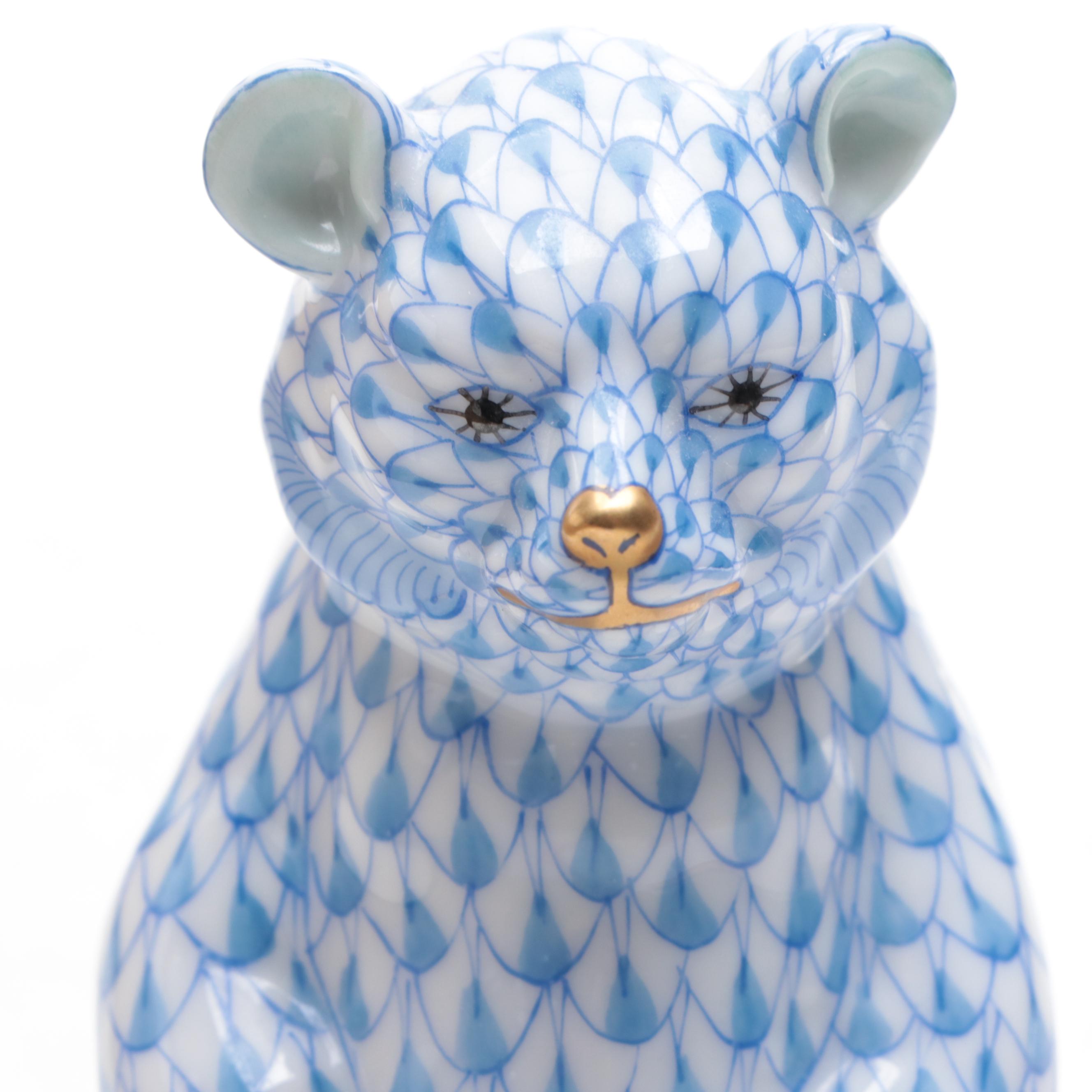 Herend Blue Fishnet with Gold "Sitting Baby Bear" Porcelain Figurine, 1993