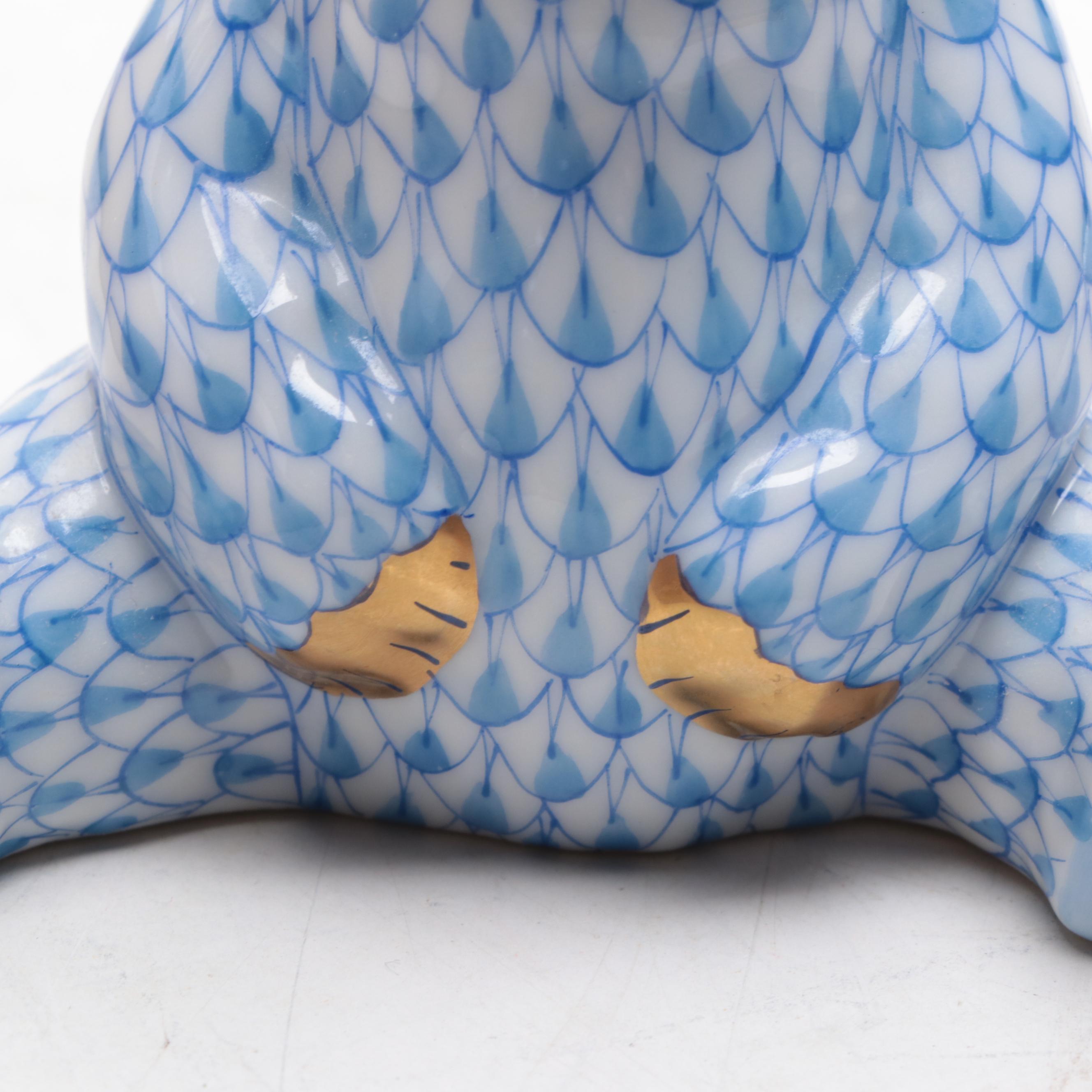 Herend Blue Fishnet with Gold "Sitting Baby Bear" Porcelain Figurine, 1993