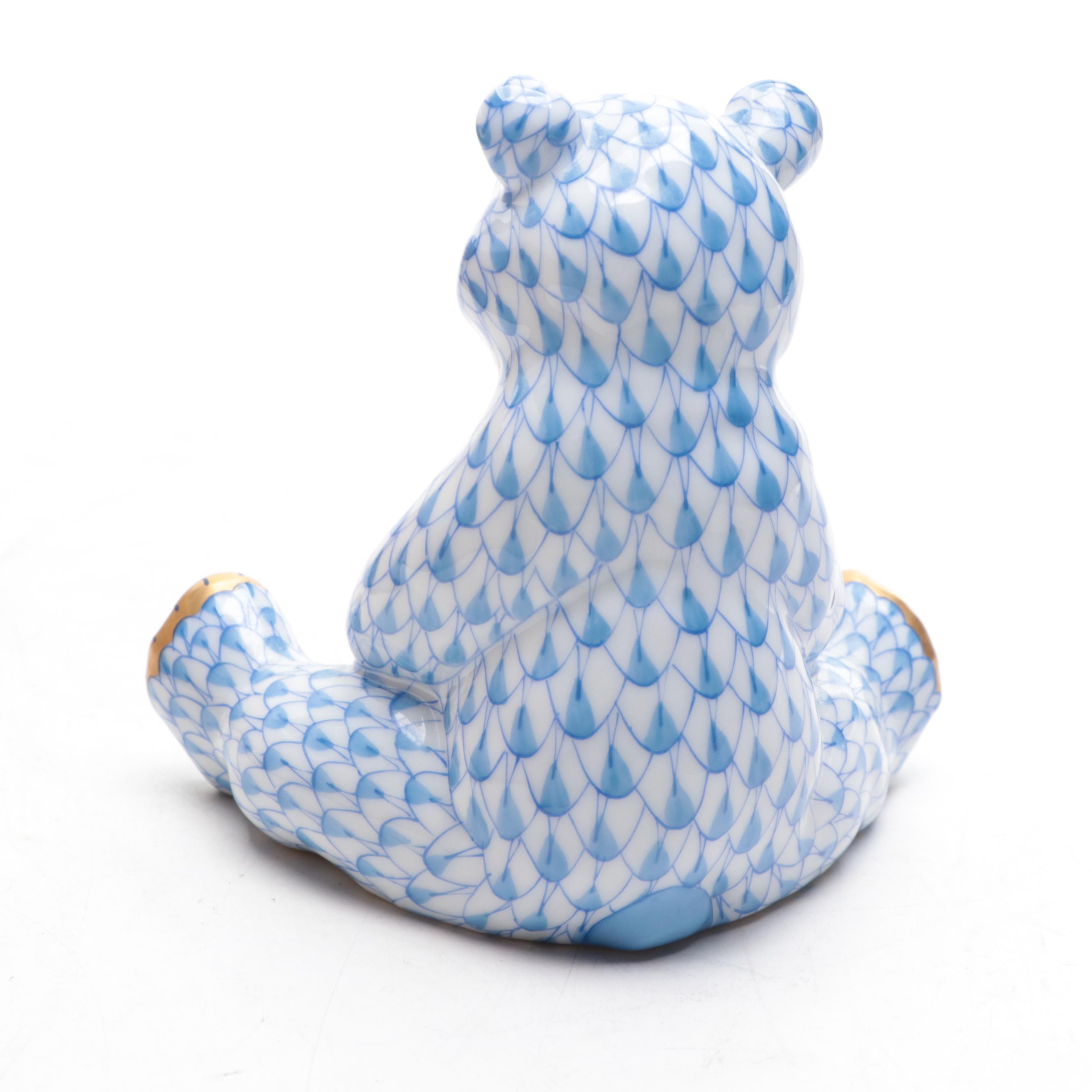 Herend Blue Fishnet with Gold "Sitting Baby Bear" Porcelain Figurine, 1993