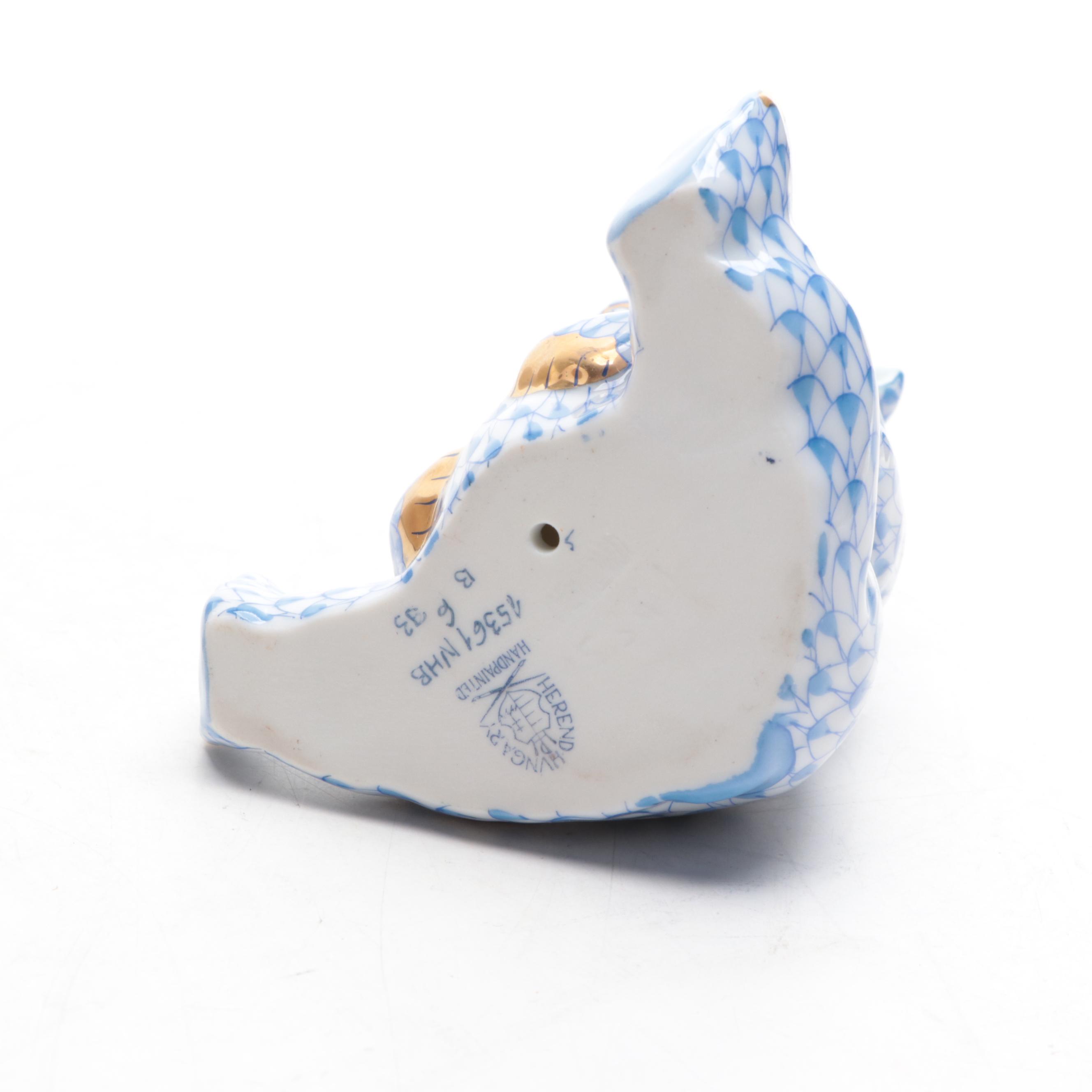 Herend Blue Fishnet with Gold "Sitting Baby Bear" Porcelain Figurine, 1993