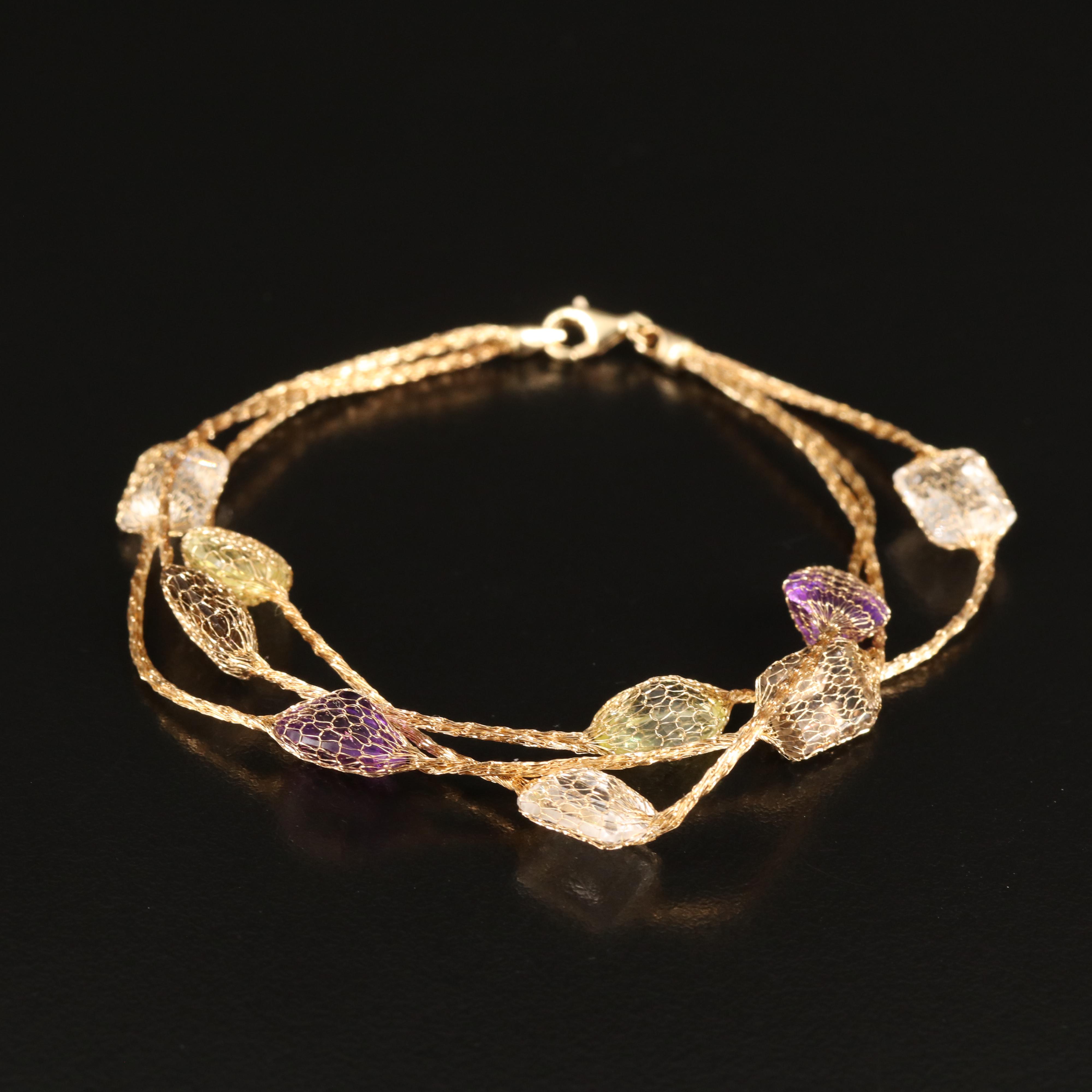 14K Amethyst, Citrine, Smoky Quartz and Rock Crystal Quartz Mesh Bracelet