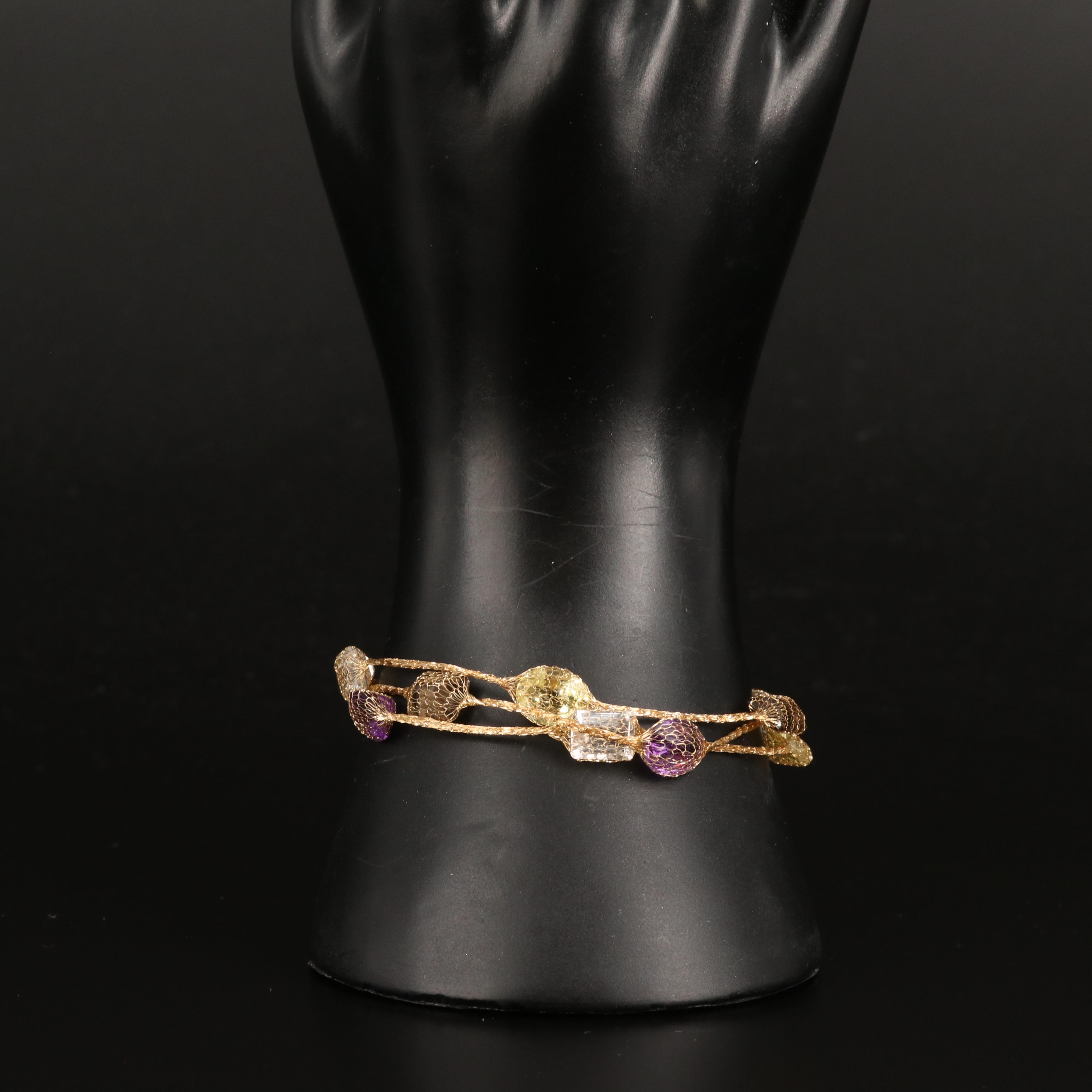 14K Amethyst, Citrine, Smoky Quartz and Rock Crystal Quartz Mesh Bracelet
